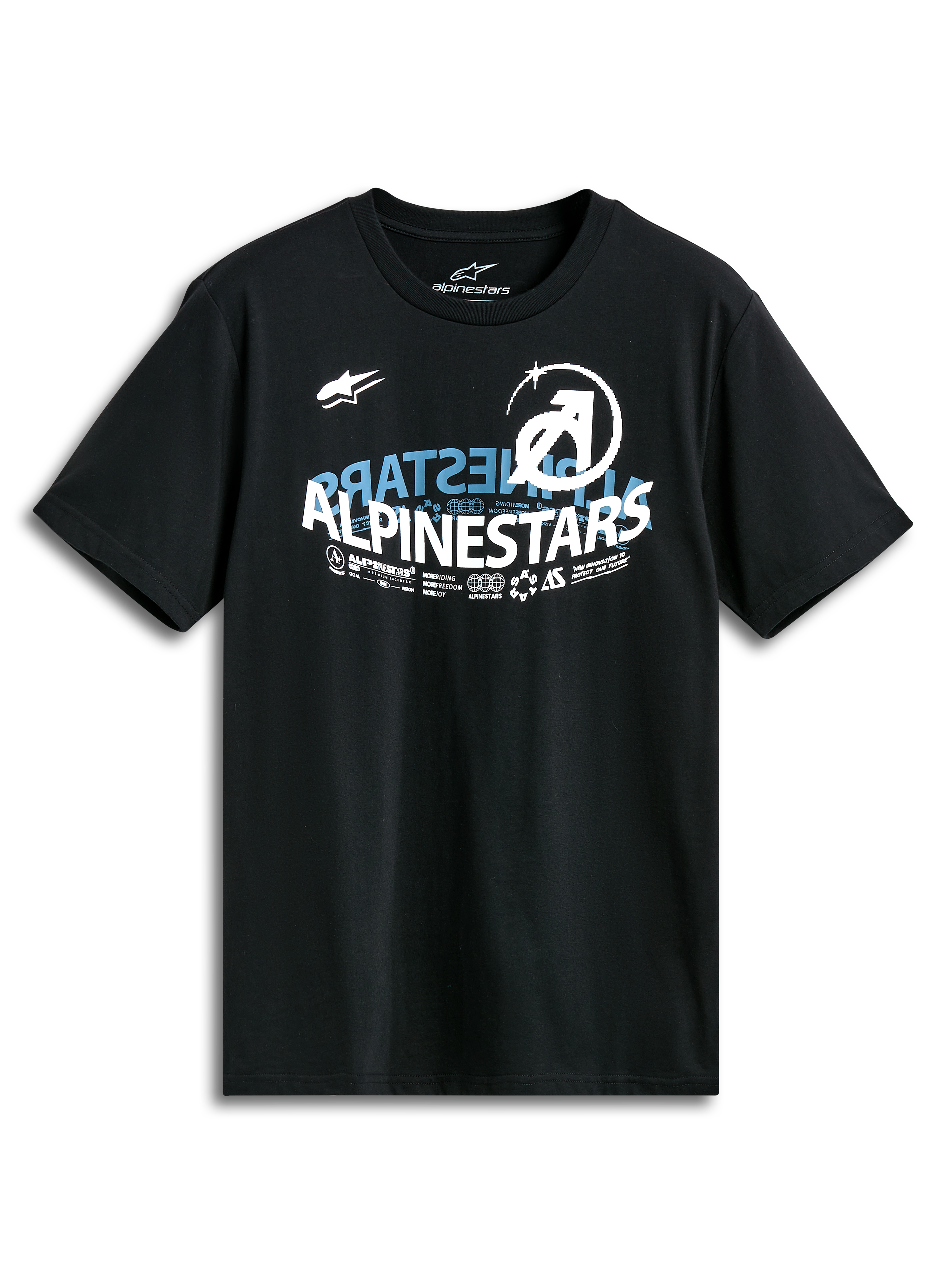 Camiseta Alpinestars Semicircle Csf, camiseta de manga corta, negra, gráfico frontal curvado semicircular de Alpinestars con acentos azules y blancos, diseño casual inspirado en el automovilismo