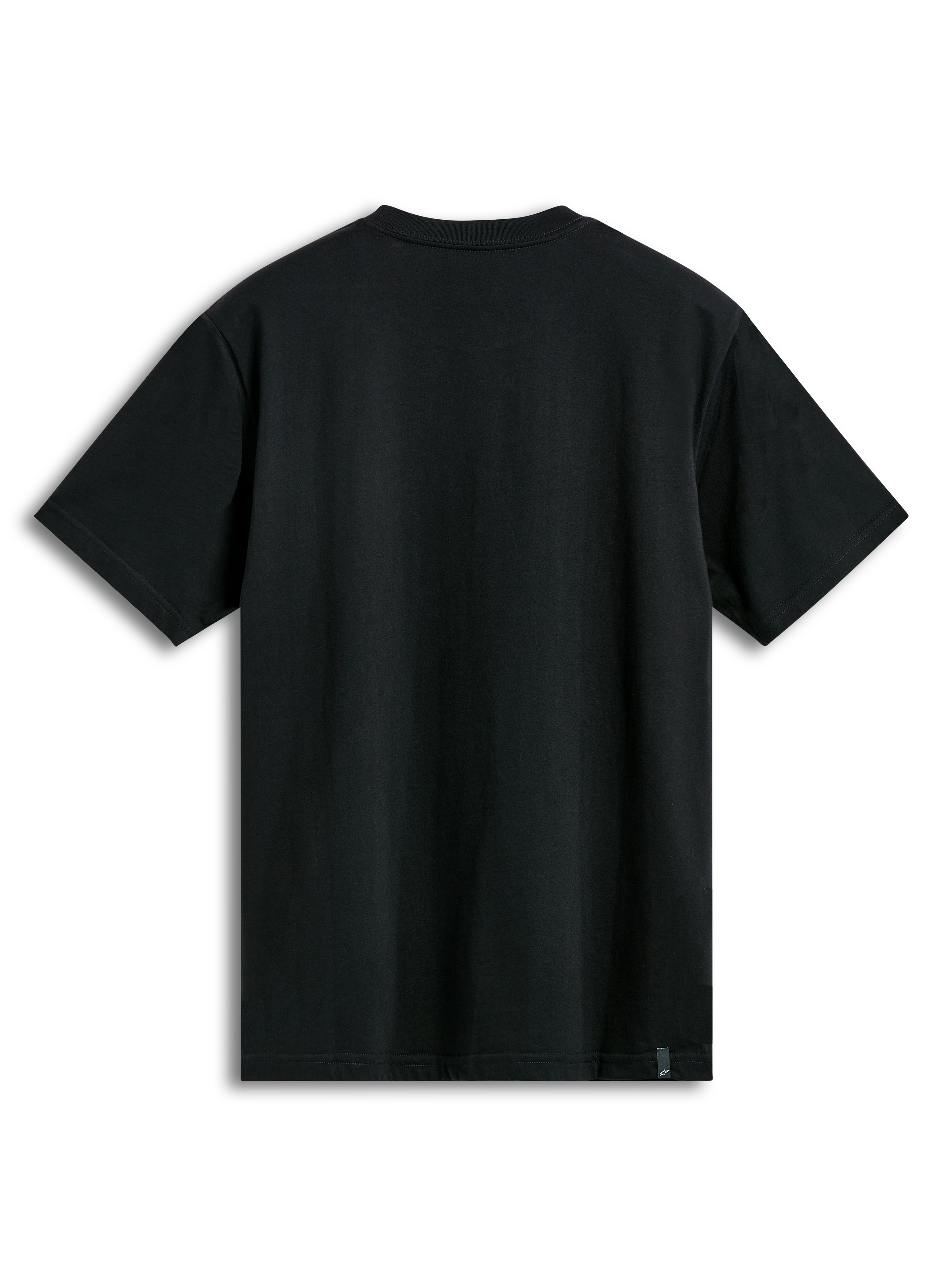 Camiseta Alpinestars Semicircle CSF, camiseta de manga corta, negra, vista posterior que muestra el tejido liso y una pequeña etiqueta de la marca en el dobladillo inferior, ropa urbana informal de motociclismo