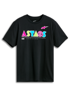 Alpinestars Cereal CSF Tee, camiseta de manga corta, negra, logotipo geométrico vibrante de ASTARS en rosa, verde lima y azul claro, ropa casual de estilo urbano y motorsport