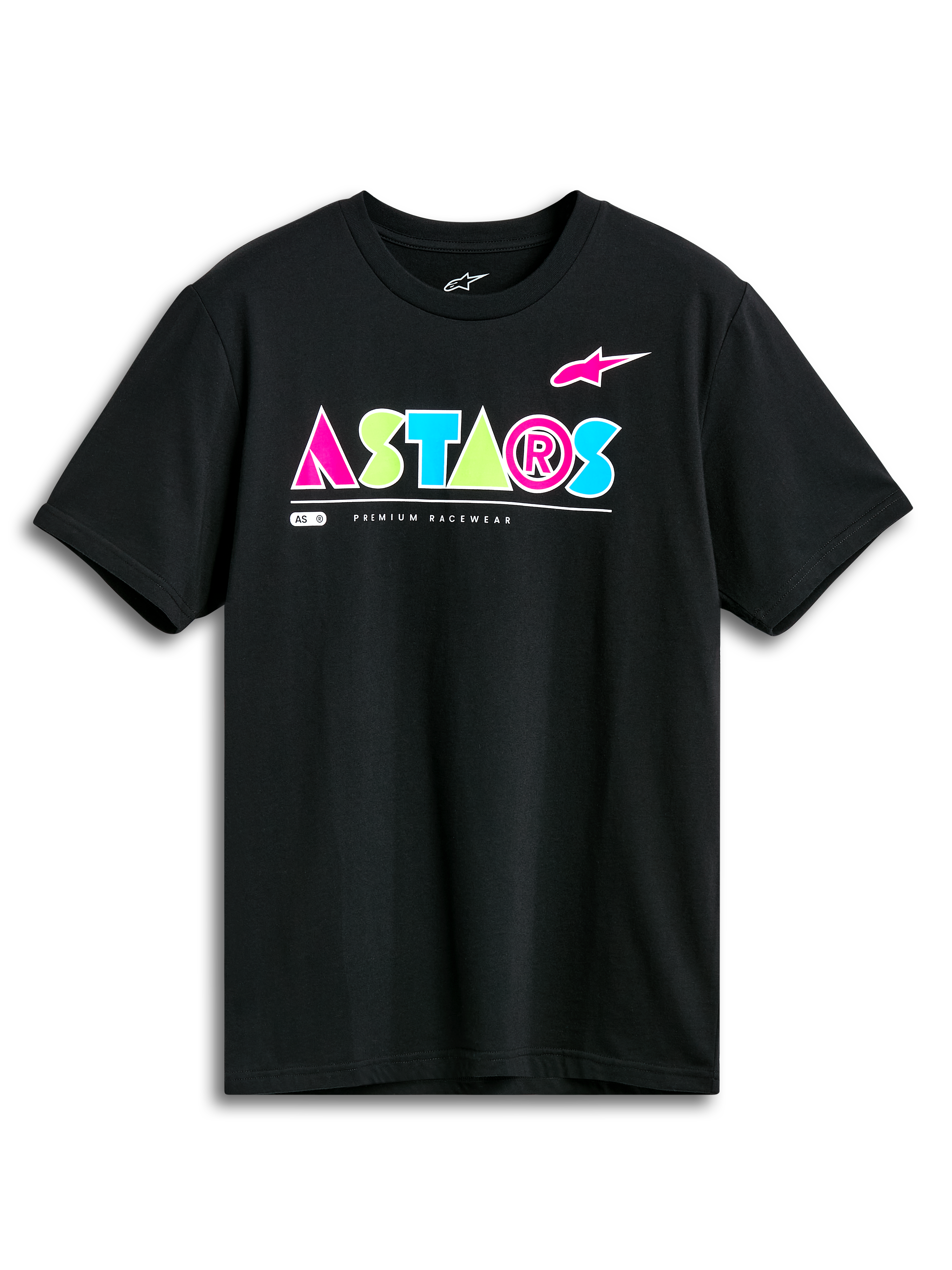 Alpinestars Cereal CSF Tee, camiseta de manga corta, negra, logotipo geométrico vibrante de ASTARS en rosa, verde lima y azul claro, ropa casual de estilo urbano y motorsport