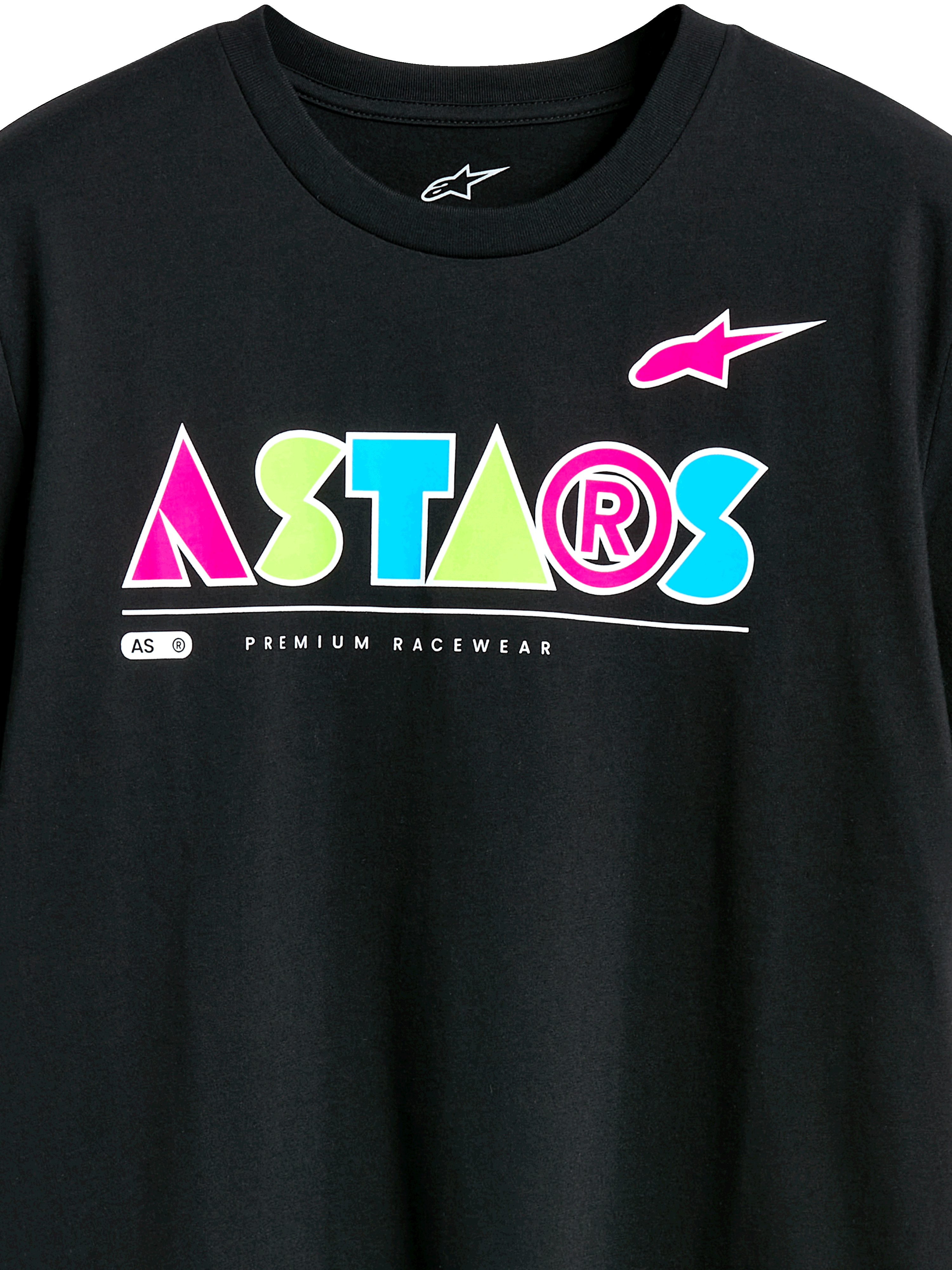 Camiseta Alpinestars Cereal CSF, camiseta de manga corta, negra, logotipo ASTARS geométrico y colorido con acentos en rosa, verde y azul, texto Premium Racewear, ropa urbana casual de estilo motorsport