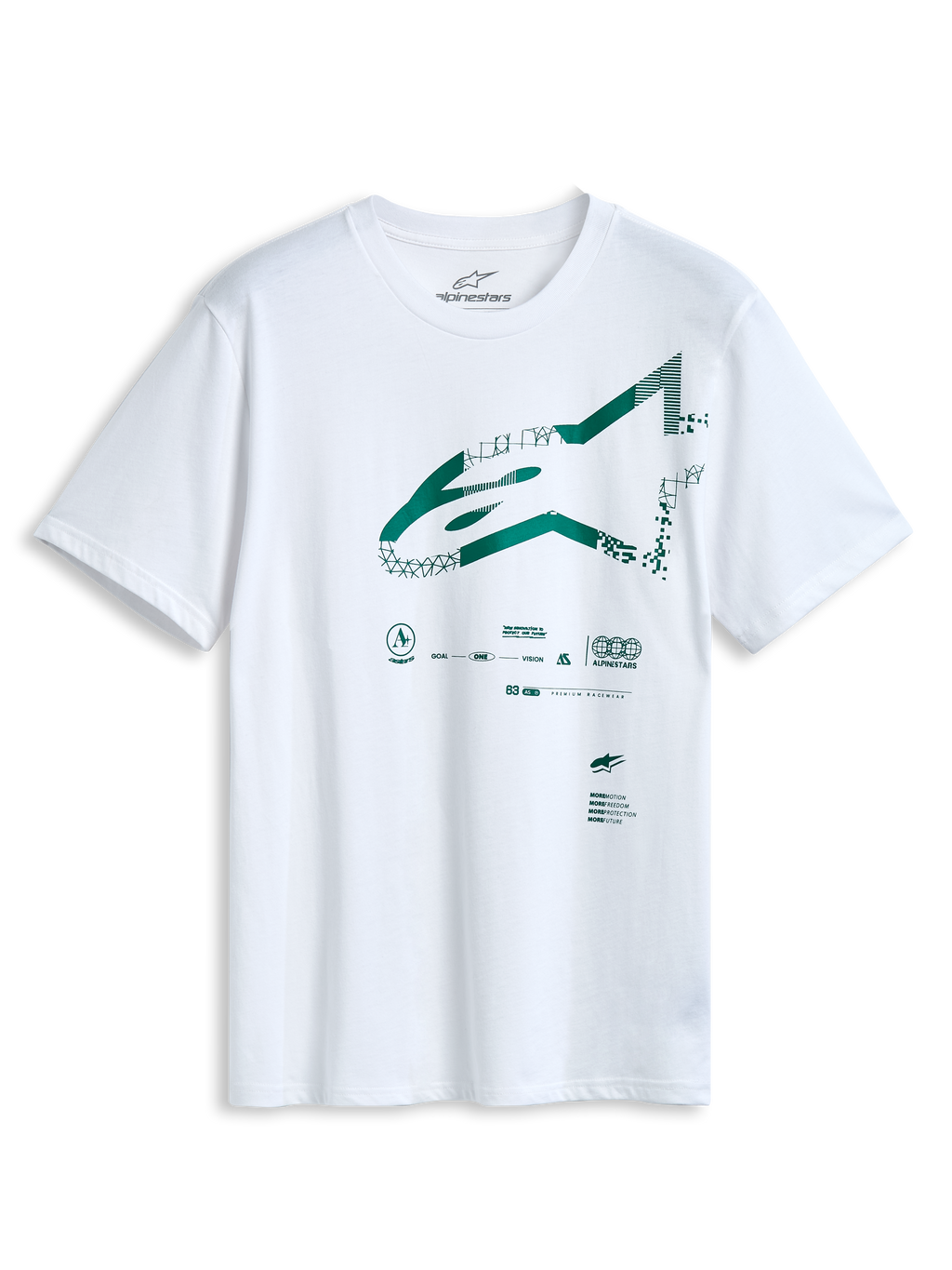 Alpinestars Geografica CSF Tee, camiseta de manga corta, blanca, logotipo frontal de Astars en verde con gráfico multi-tech, ropa deportiva casual de automovilismo