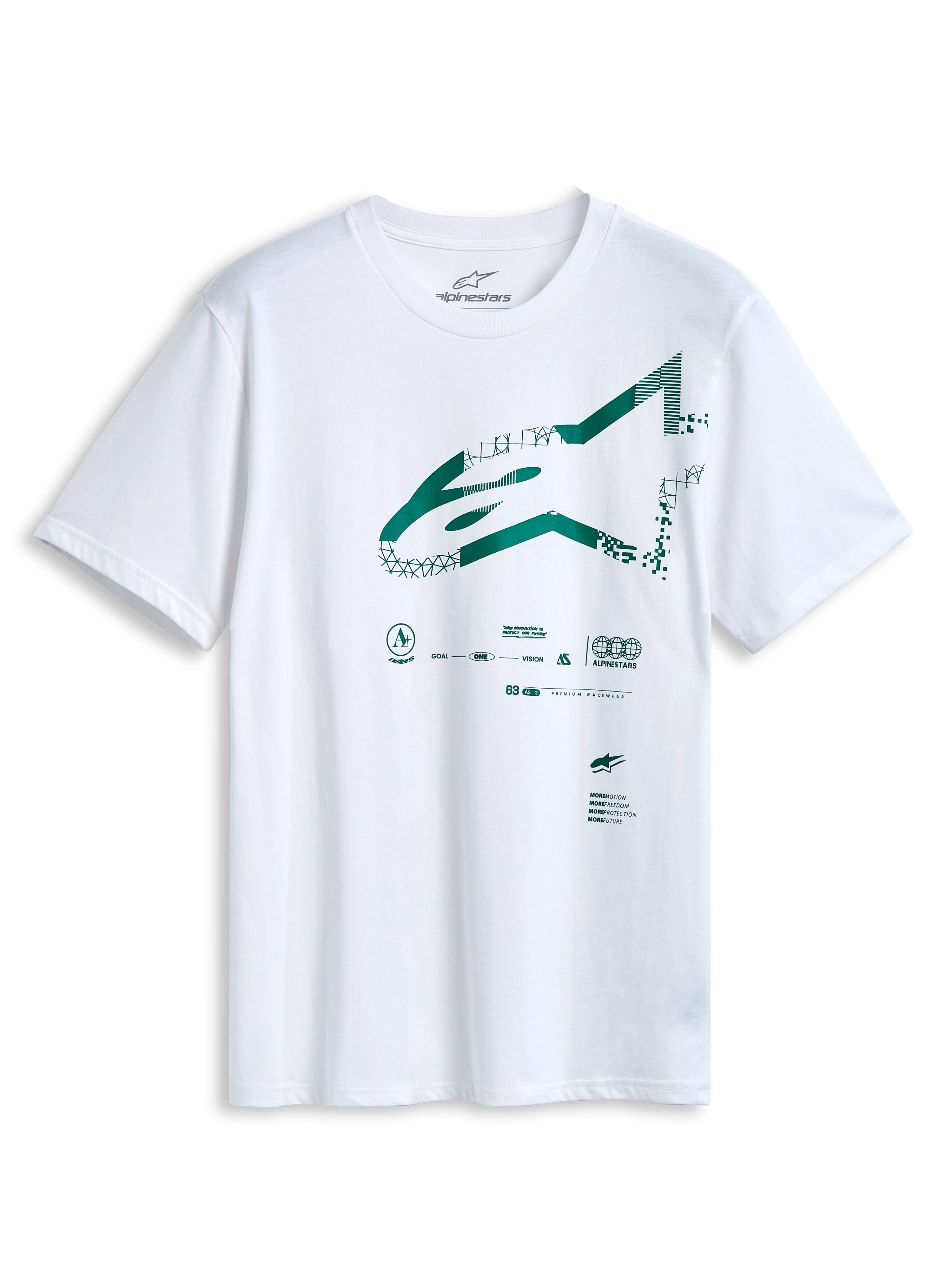 Alpinestars Geografica CSF Tee, camiseta de manga corta, blanca, logotipo frontal de Astars en verde con gráfico multi-tech, ropa deportiva casual de automovilismo