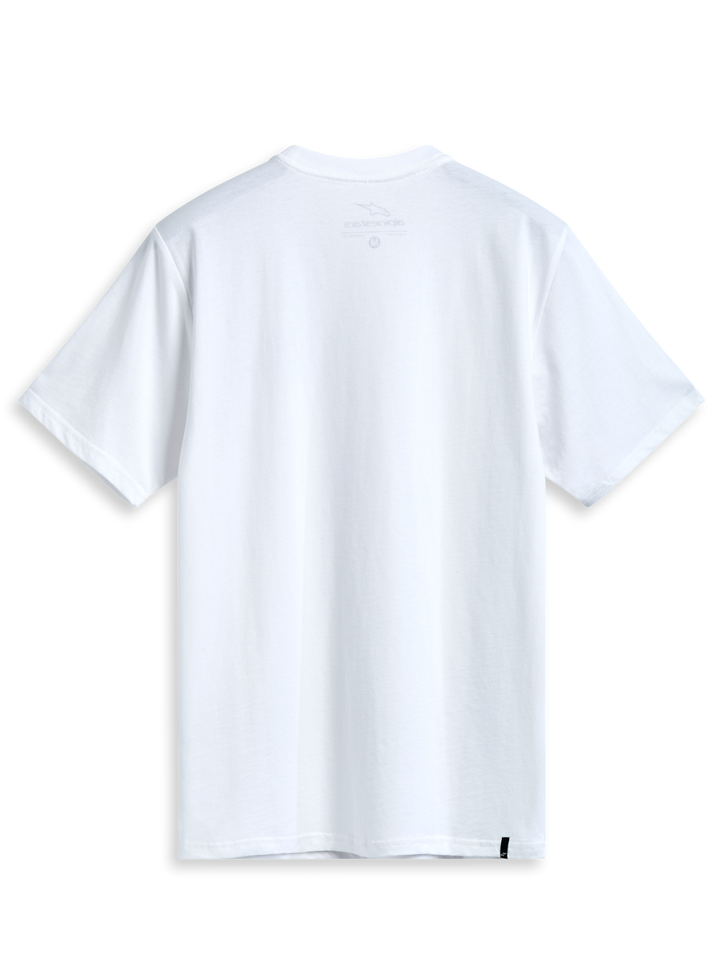 Alpinestars Geografica Csf Tee, camiseta de manga corta, blanca, vista posterior, diseño limpio con pequeña etiqueta tejida negra en el dobladillo, estilo casual motorsport streetwear