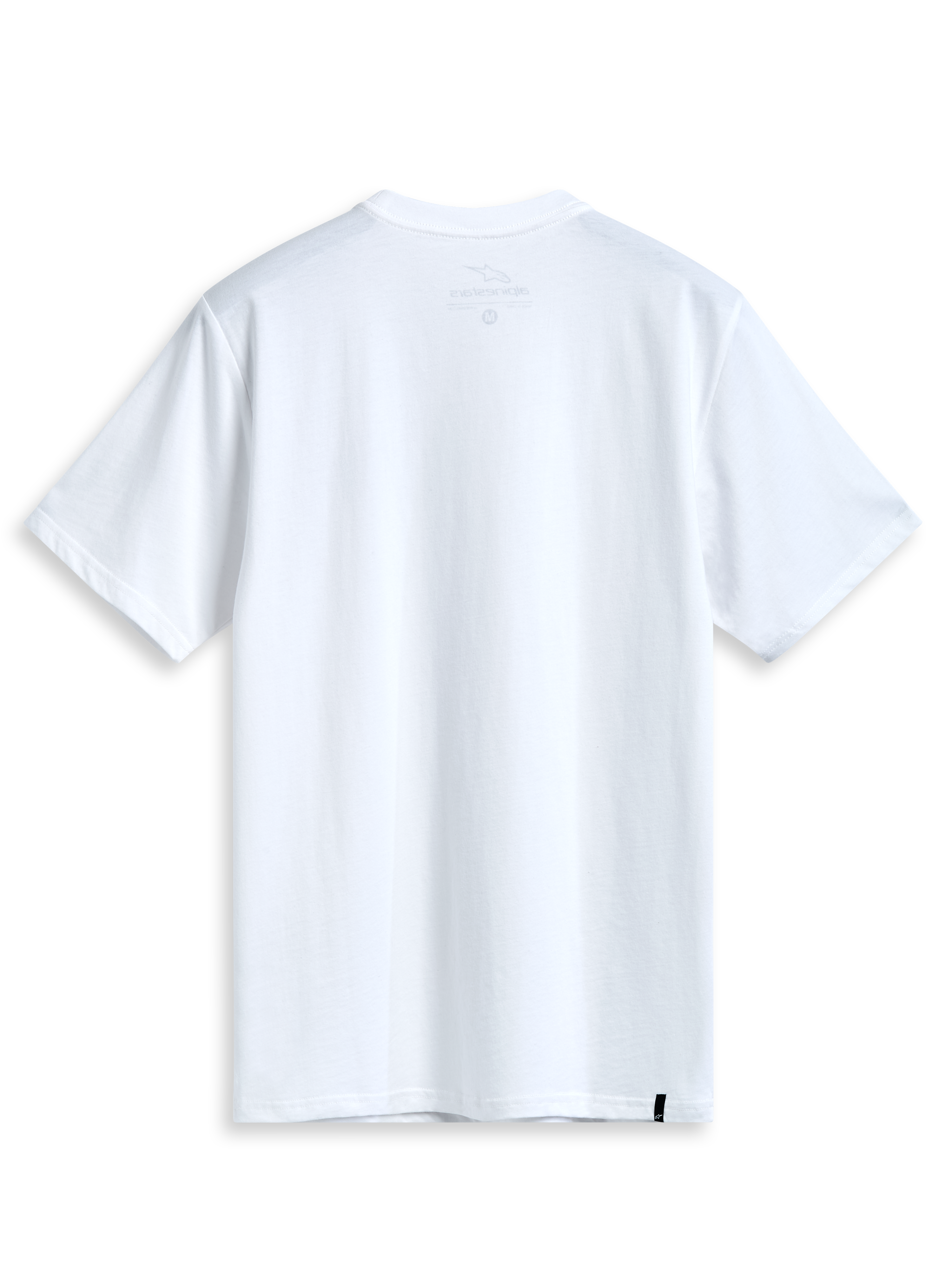 Alpinestars Geografica Csf Tee, camiseta de manga corta, blanca, vista posterior, diseño limpio con pequeña etiqueta tejida negra en el dobladillo, estilo casual motorsport streetwear