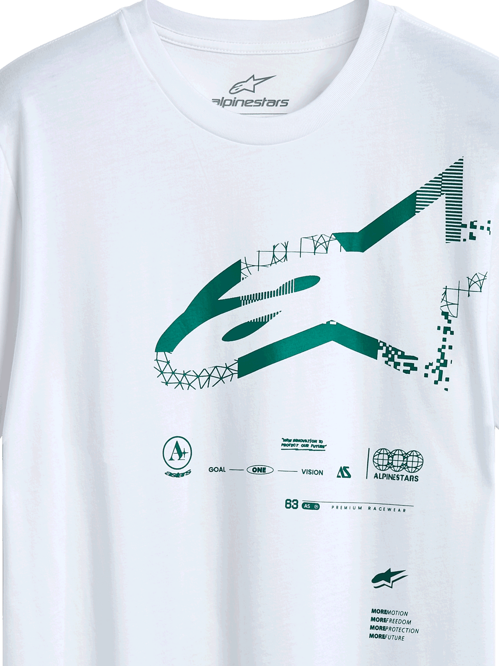 Alpinestars Geografica CSF Tee, camiseta de manga corta, blanca, logotipo de Astars en verde con gráficos geométricos y pixelados, estilo casual de motorsport y streetwear