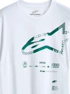 Alpinestars Geografica CSF Tee, camiseta de manga corta, blanca, logotipo de Astars en verde con gráficos geométricos y pixelados, estilo casual de motorsport y streetwear