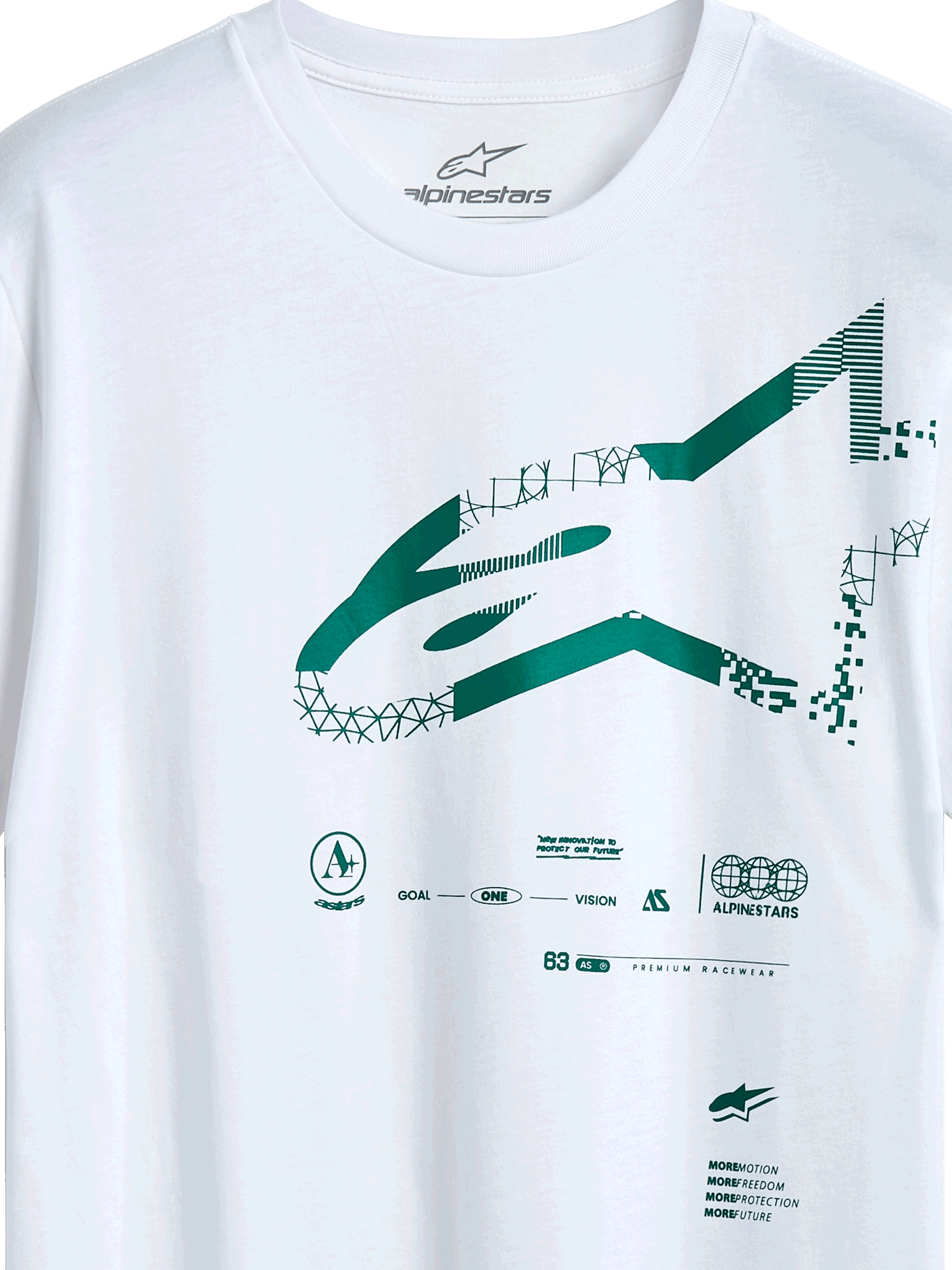 Alpinestars Geografica CSF Tee, camiseta de manga corta, blanca, logotipo de Astars en verde con gráficos geométricos y pixelados, estilo casual de motorsport y streetwear
