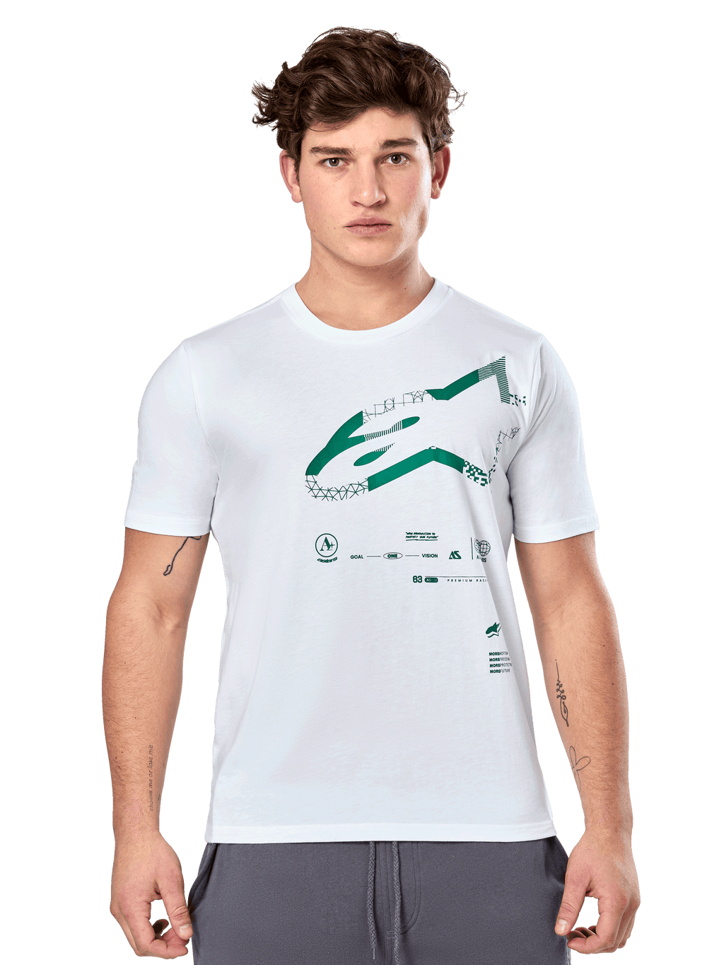 Alpinestars Geografica CSF Tee, camiseta blanca de manga corta con gráfico Astars multi-tech verde y símbolos técnicos, ropa deportiva casual de motorsport