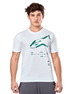 Alpinestars Geografica CSF Tee, camiseta blanca de manga corta con gráfico Astars multi-tech verde y símbolos técnicos, ropa deportiva casual de motorsport