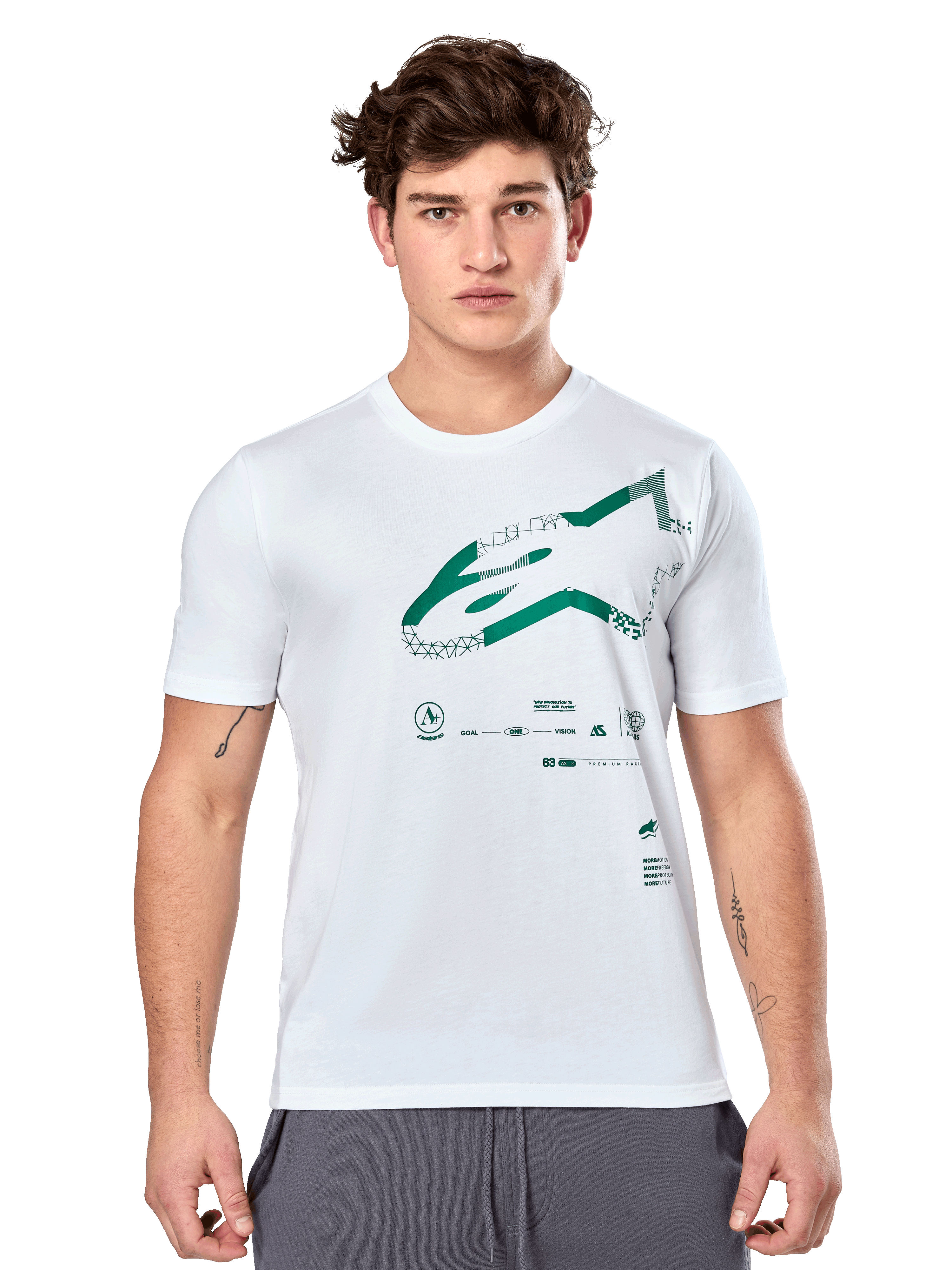 Alpinestars Geografica CSF Tee, camiseta blanca de manga corta con gráfico Astars multi-tech verde y símbolos técnicos, ropa deportiva casual de motorsport