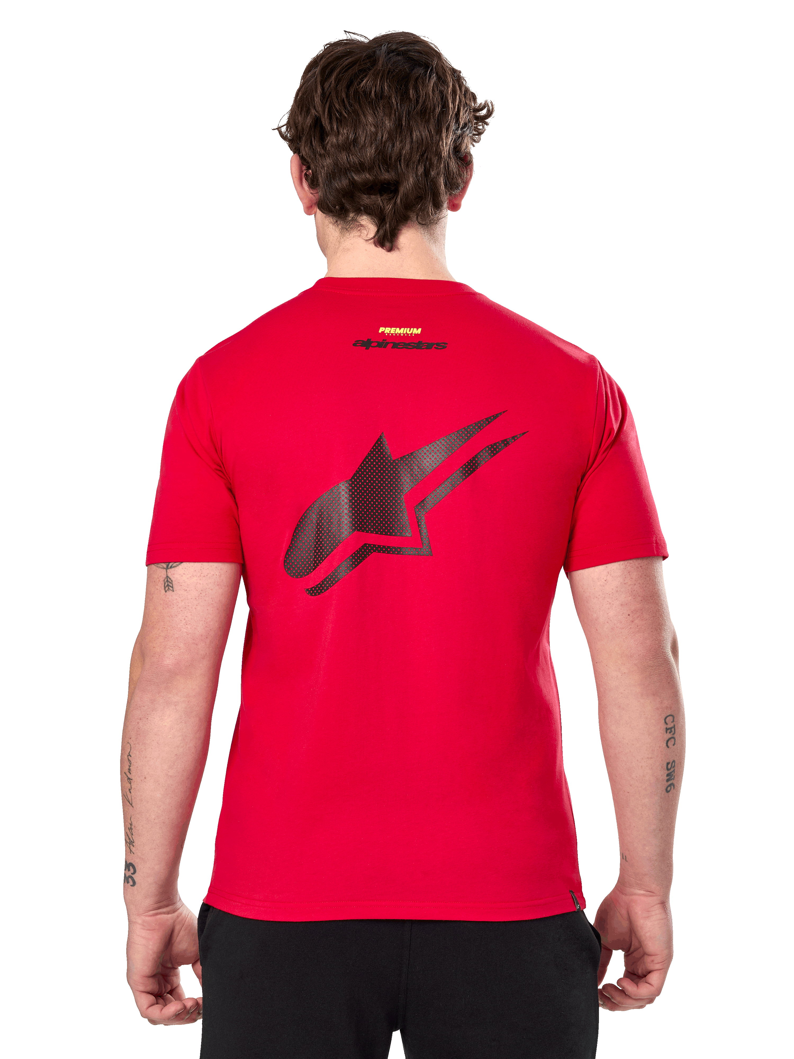 Camiseta Alpinestars Formulate CSF, camiseta de manga corta, roja, gran logotipo de Astars negro perforado en la espalda, diseño casual inspirado en el automovilismo