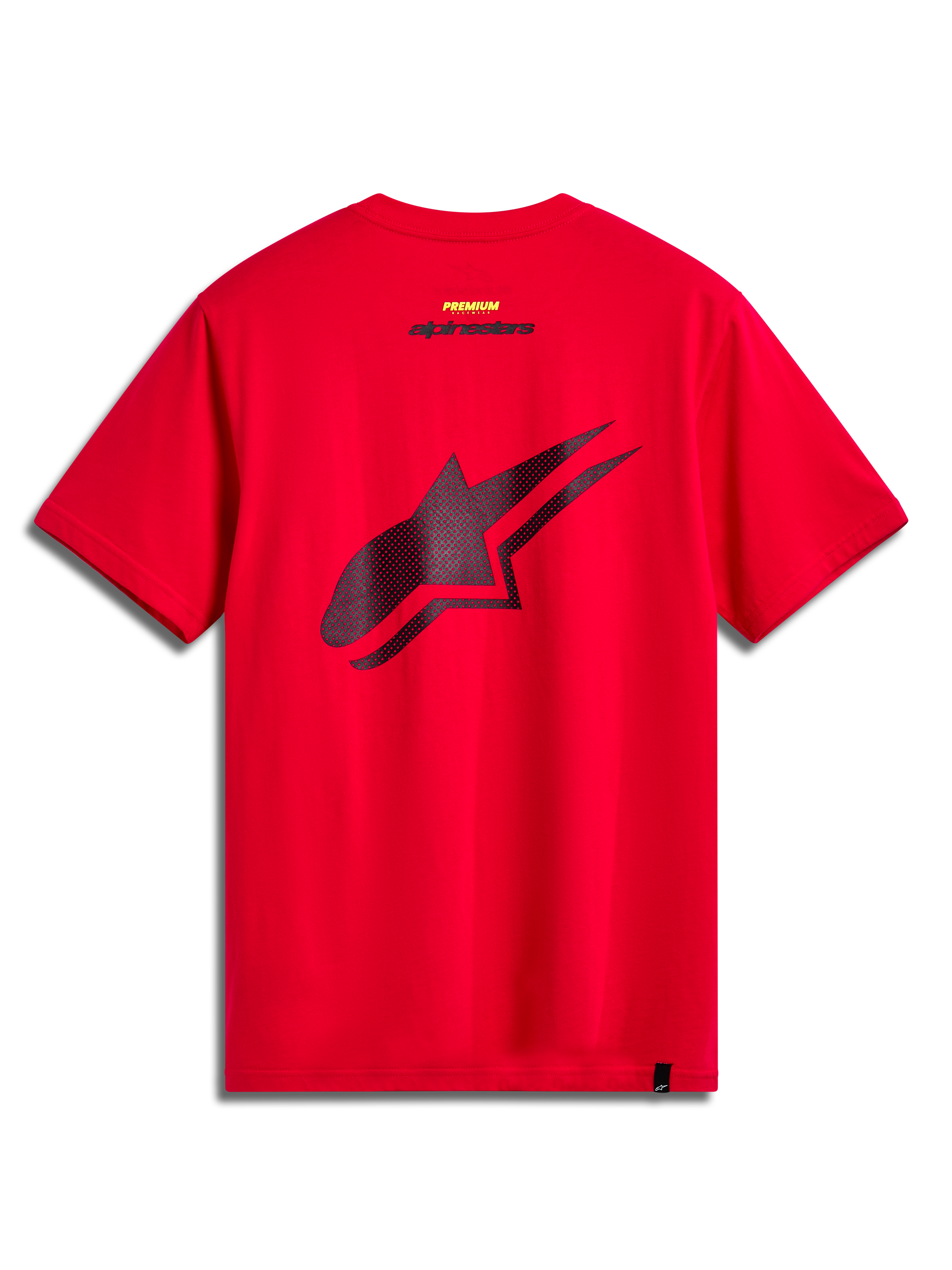 Camiseta Alpinestars Formulate CSF, camiseta de manga corta, roja, vista trasera con gran logotipo de Astars negro perforado, estilo de ropa deportiva casual de motor