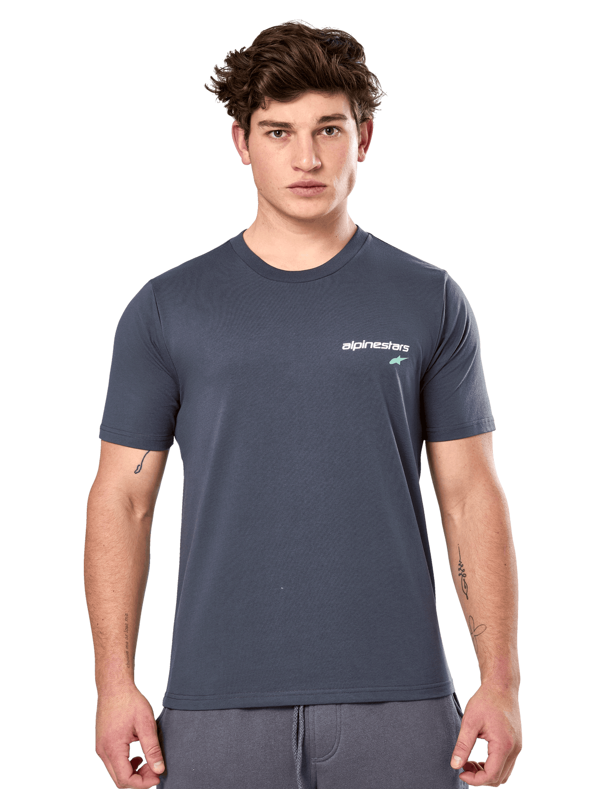 Alpinestars No Barrier CSF Tee, Short Sleeve T-Shirt, Charcoal, white Alpinestars logo with a teal star on the chest, casual motorsport streetwear