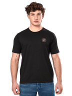 Alpinestars Dot Carbon CSF Tee, Short Sleeve T-Shirt, Black, small circular chest logo with white Astar and red border, worn by a model with blue jeans, casual motorsport streetwear