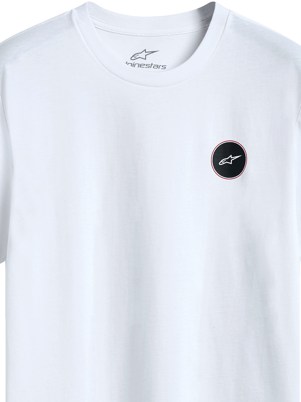 Alpinestars Dot Carbon Csf Tee, camiseta de manga corta, blanca, vista detallada del logotipo circular negro con relleno efecto fibra de carbono y estrella blanca, impresión interna en el cuello, ropa urbana casual de automovilismo