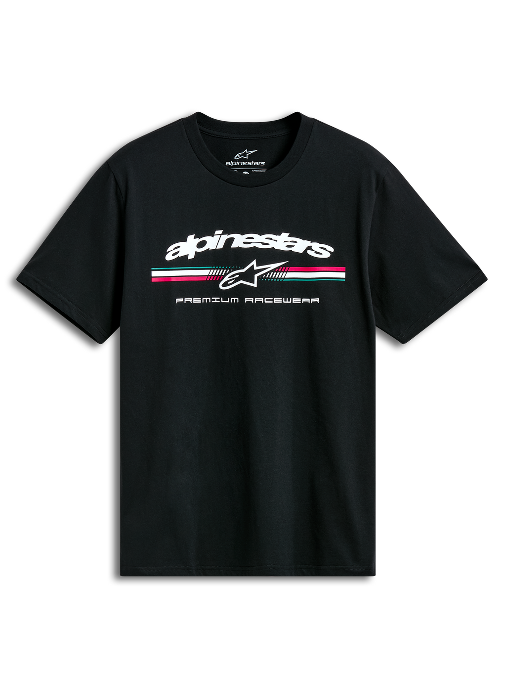 Alpinestars T-Shirt Prevail CSF, camiseta de mangas cortas negra con logotipo y rayas tricolores estilo paddock en el pecho, ropa deportiva casual