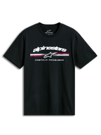 Alpinestars T-Shirt Prevail CSF, camiseta de mangas cortas negra con logotipo y rayas tricolores estilo paddock en el pecho, ropa deportiva casual