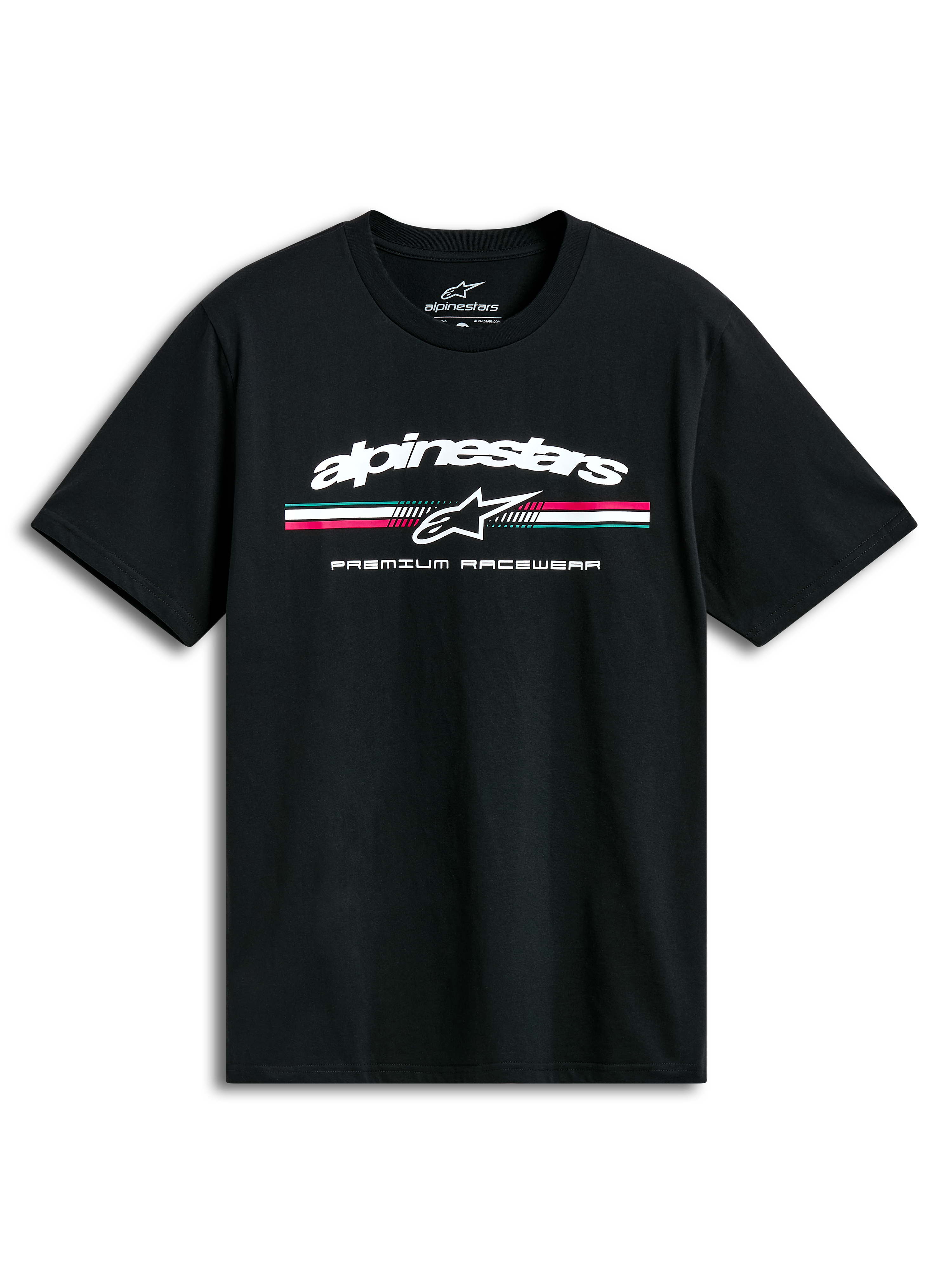 Alpinestars T-Shirt Prevail CSF, camiseta de mangas cortas negra con logotipo y rayas tricolores estilo paddock en el pecho, ropa deportiva casual