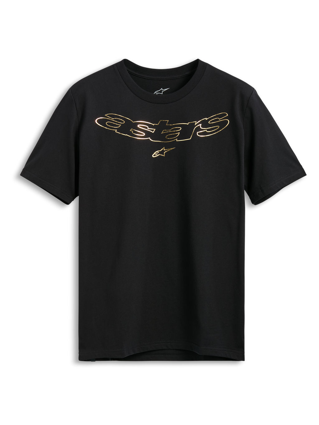Alpinestars Luxo CSF Tee, camiseta de manga corta, color negro, logotipo Astars en oro metálico con el símbolo de la estrella en el pecho, ropa urbana casual de estilo motorsport