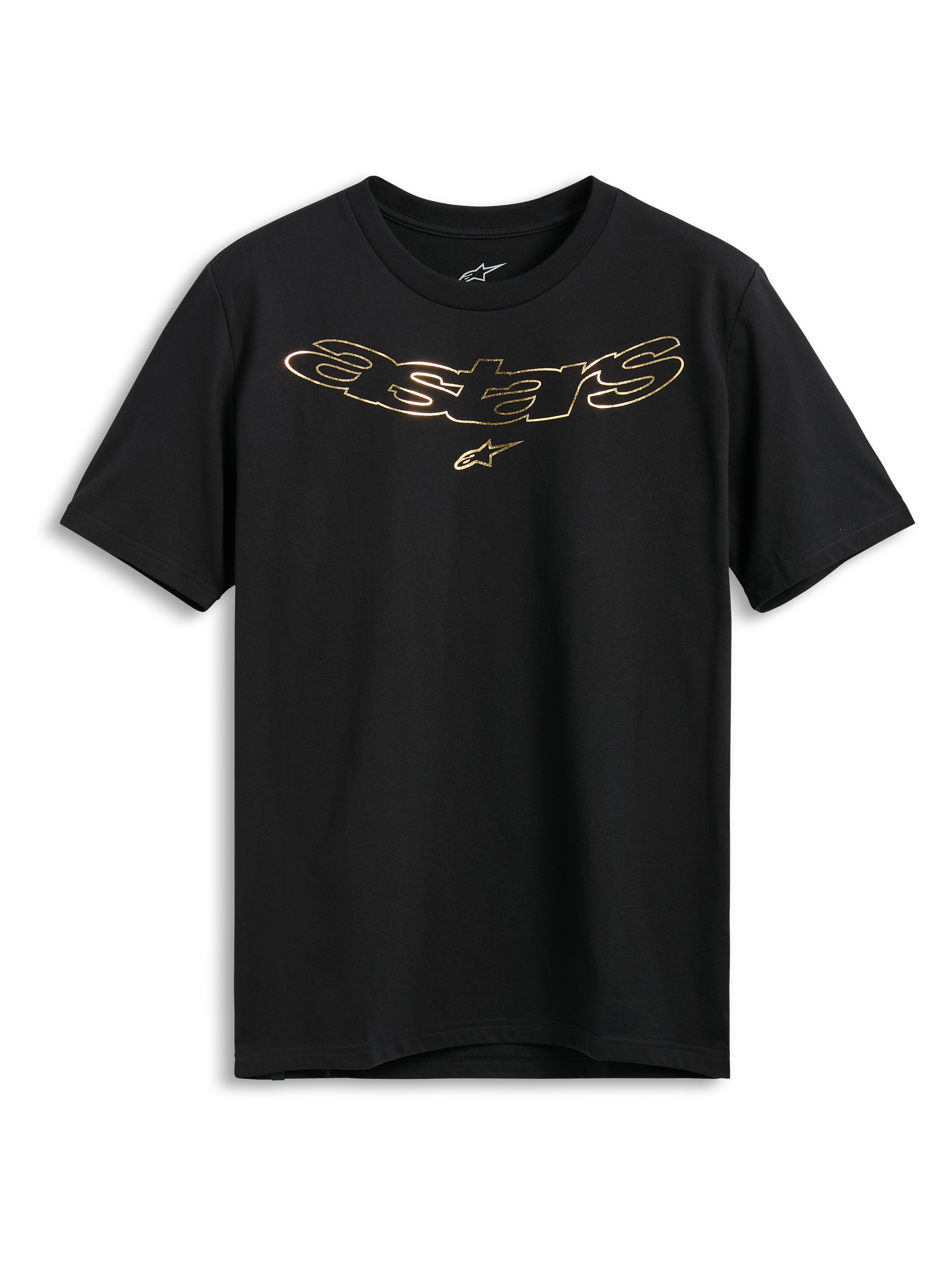 Alpinestars Luxo CSF Tee, camiseta de manga corta, color negro, logotipo Astars en oro metálico con el símbolo de la estrella en el pecho, ropa urbana casual de estilo motorsport
