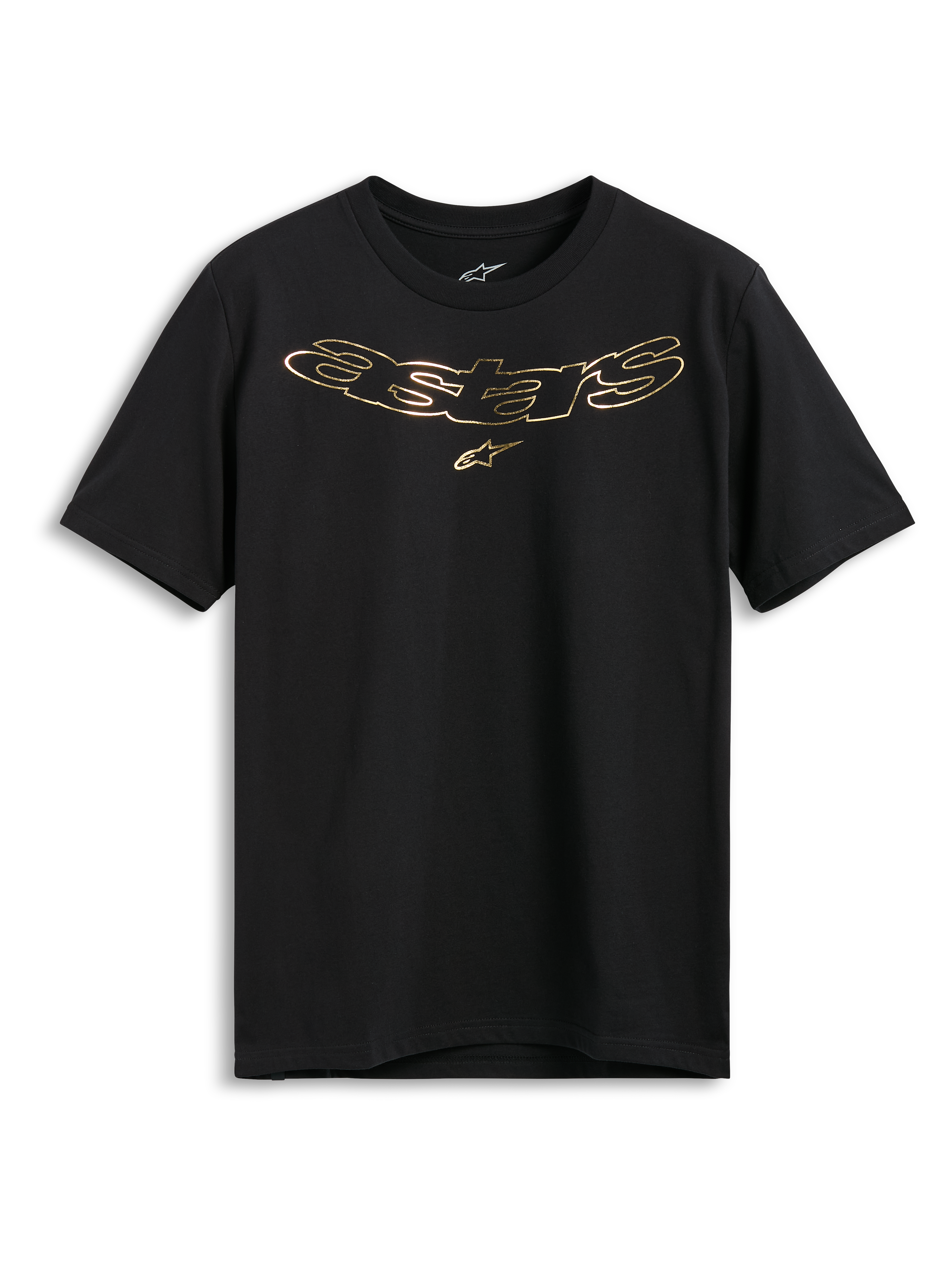 Alpinestars Luxo CSF Tee, camiseta de manga corta, color negro, logotipo Astars en oro metálico con el símbolo de la estrella en el pecho, ropa urbana casual de estilo motorsport