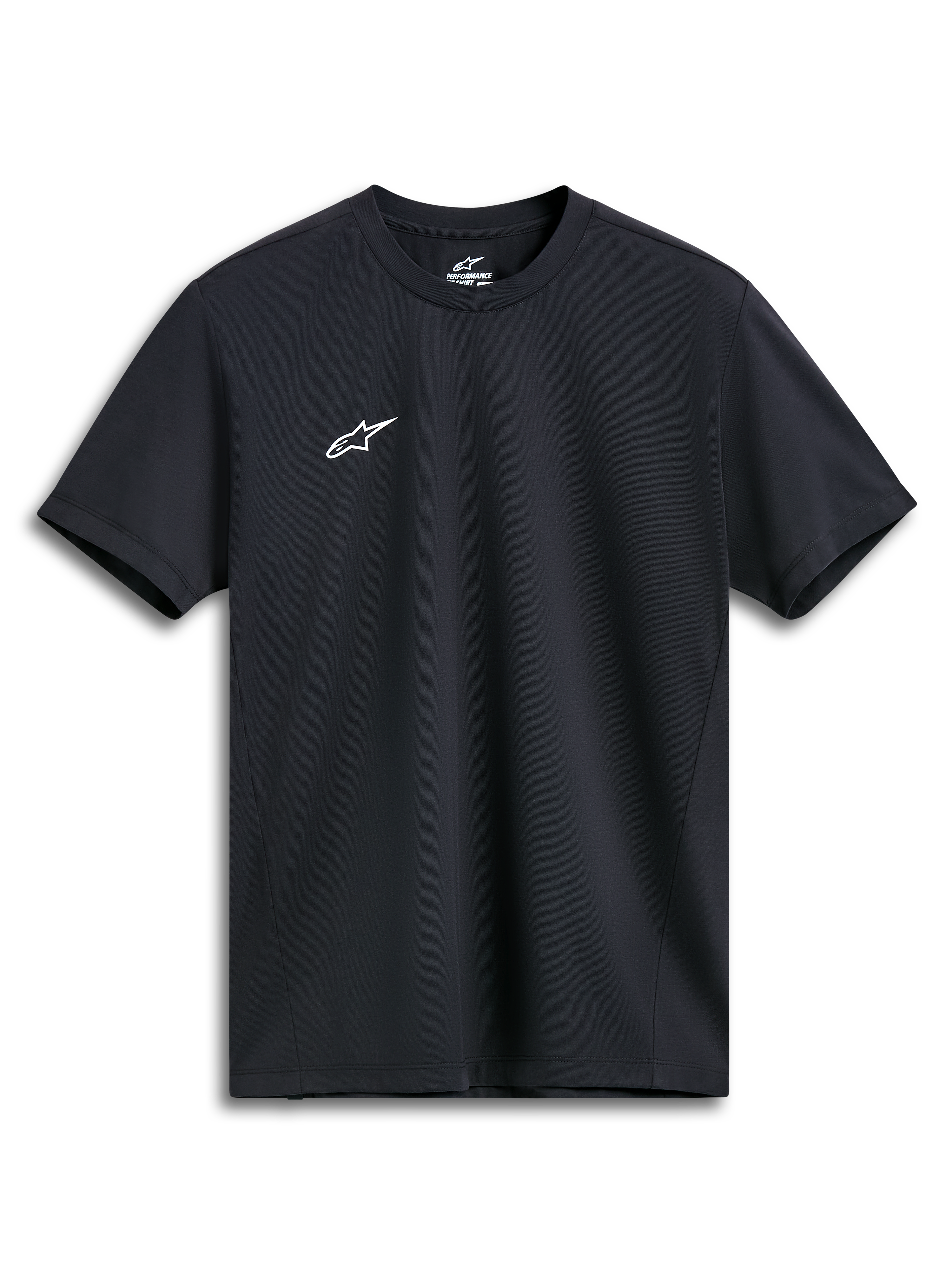 Camiseta Alpinestars Point Performance, camiseta de manga corta, color negro con pequeño logo Astars blanco en el pecho, ropa deportiva de rendimiento