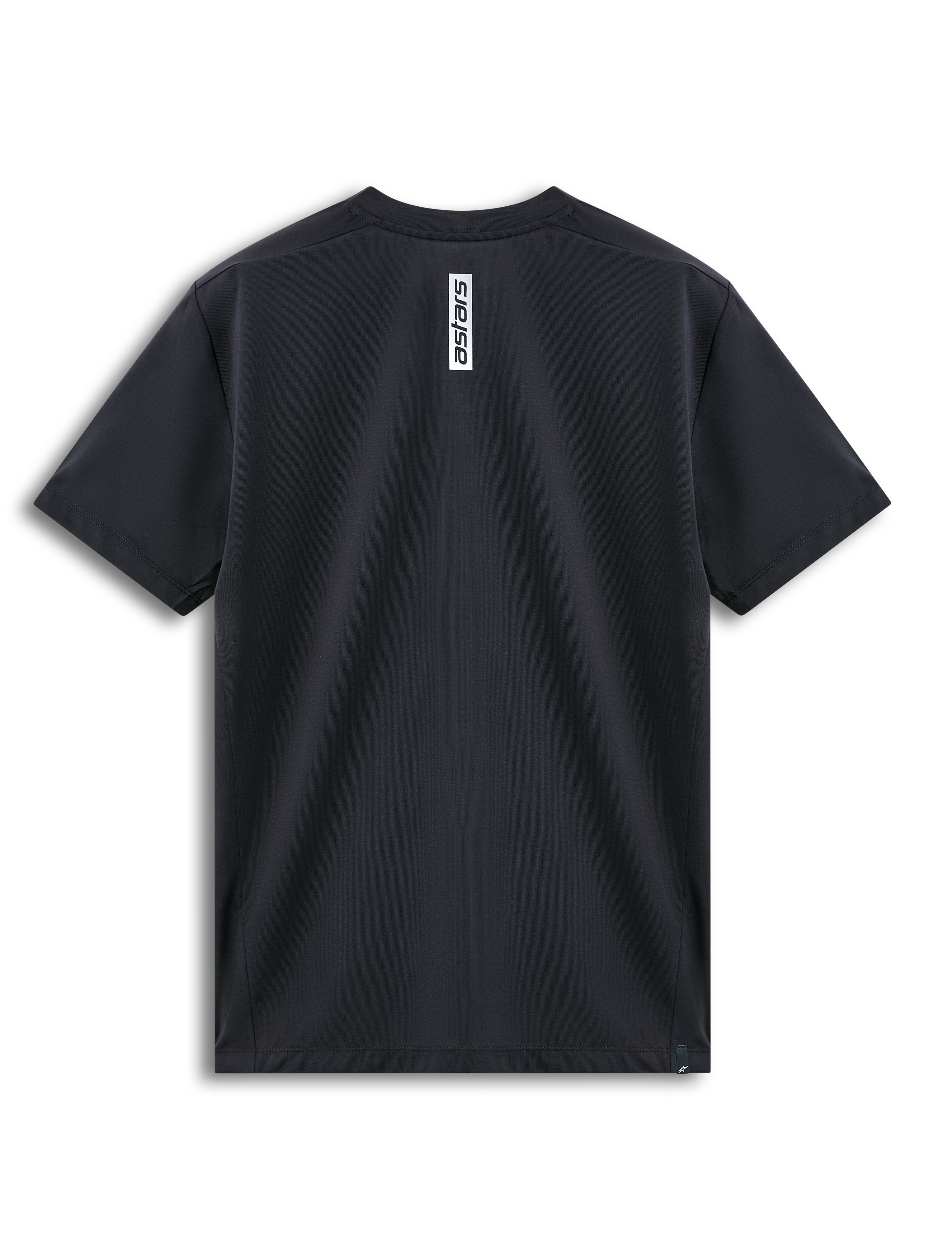 Alpinestars Point Performance Tee, camiseta de manga corta, negra, vista trasera que muestra el estampado vertical del logo Astars en blanco en el cuello, ropa deportiva de alto rendimiento con absorción de humedad