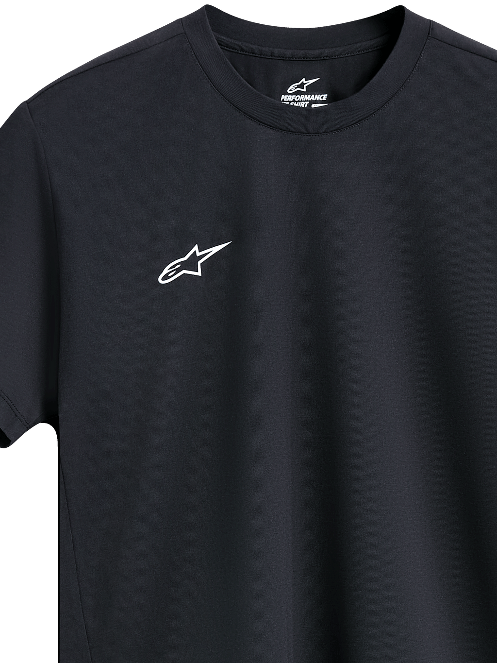 Alpinestars Point Performance Tee, camiseta de rendimiento de manga corta, negra, pequeño logotipo blanco en el pecho, cuello redondo, diseño de ropa deportiva sostenible