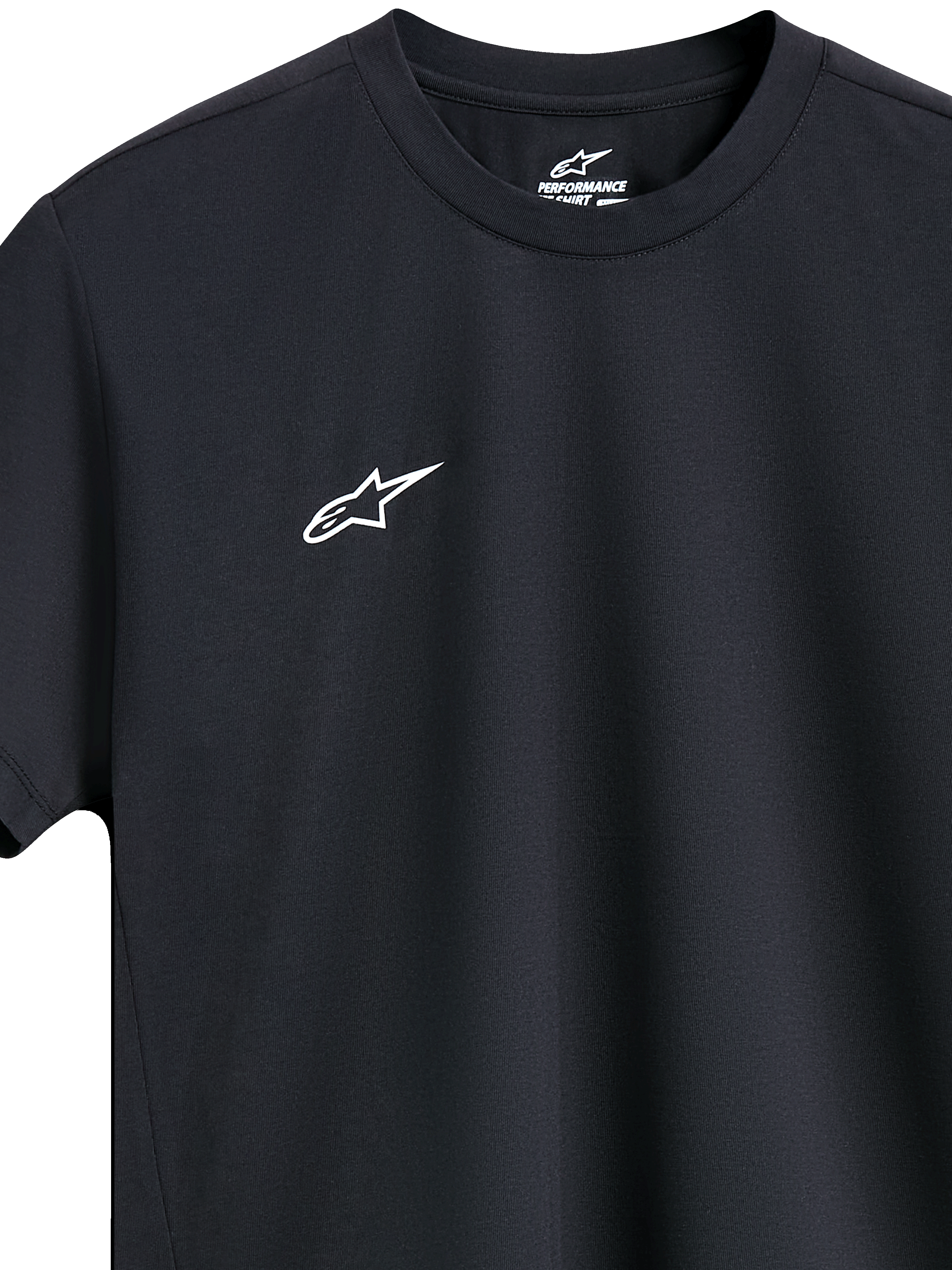 Alpinestars Point Performance Tee, camiseta de rendimiento de manga corta, negra, pequeño logotipo blanco en el pecho, cuello redondo, diseño de ropa deportiva sostenible