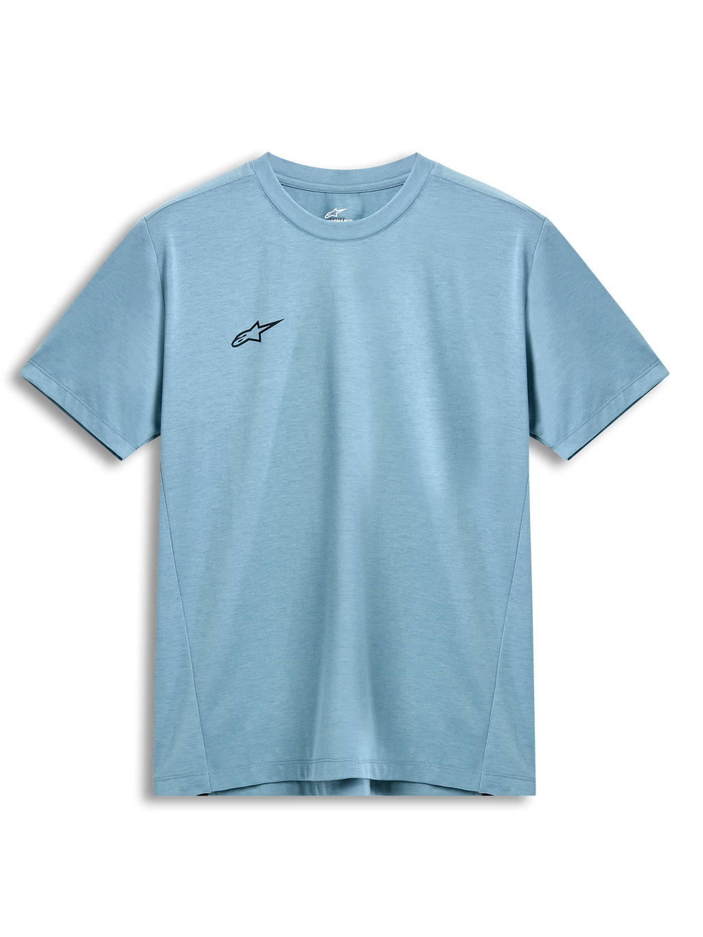 Camiseta Alpinestars Point Performance de manga corta, azul hielo, pequeño logo de estrella negro en el pecho, cuello redondo, tejido técnico sostenible y transpirable, ropa urbana casual de estilo motorsport