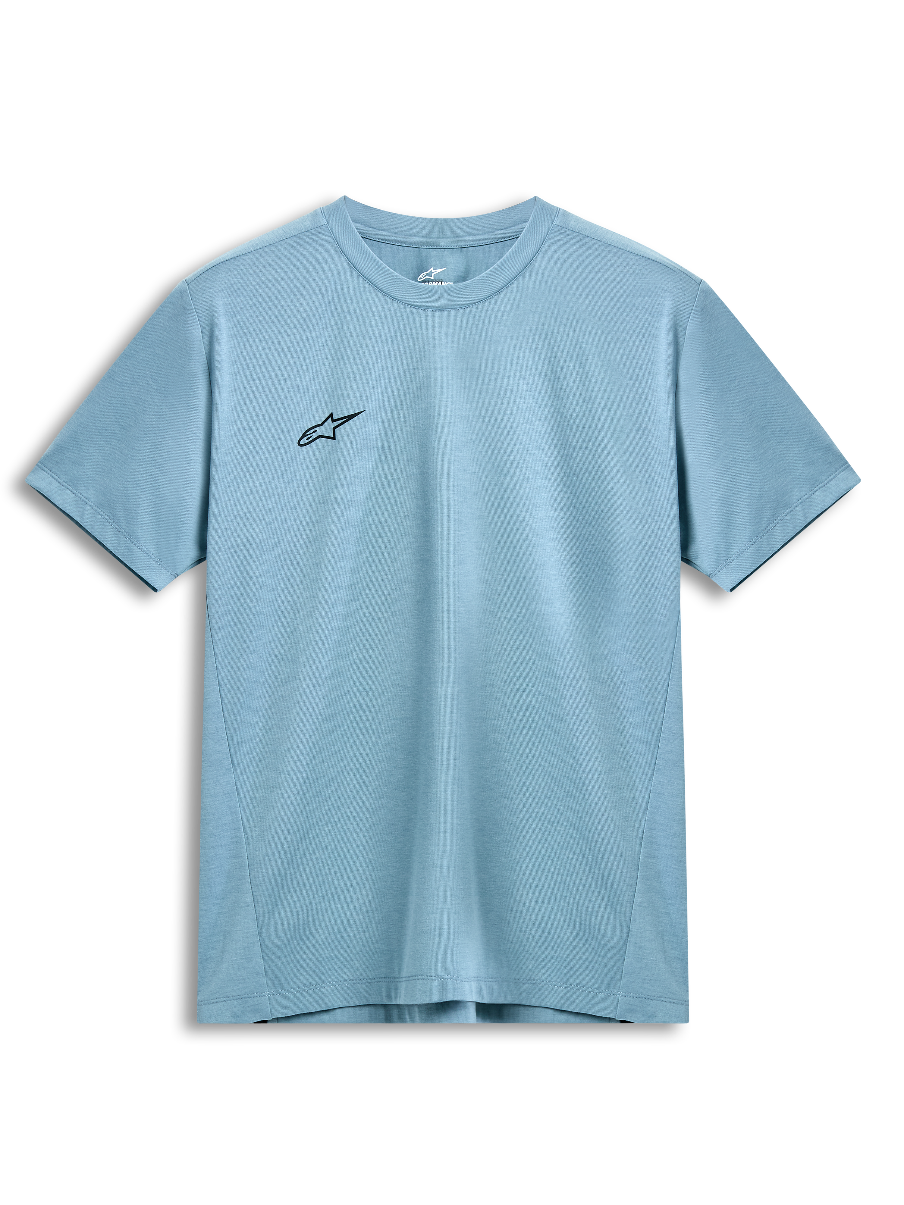 Camiseta Alpinestars Point Performance de manga corta, azul hielo, pequeño logo de estrella negro en el pecho, cuello redondo, tejido técnico sostenible y transpirable, ropa urbana casual de estilo motorsport