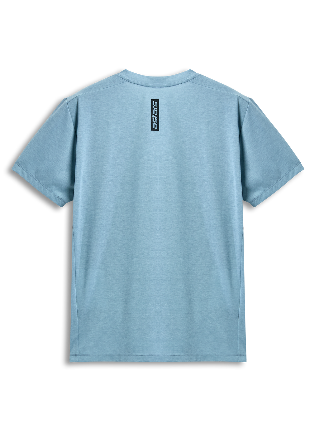 Camiseta Alpinestars Point Performance, camiseta de manga corta, azul hielo, vista trasera con estampado vertical de la palabra astars en negro, ropa deportiva casual de alto rendimiento