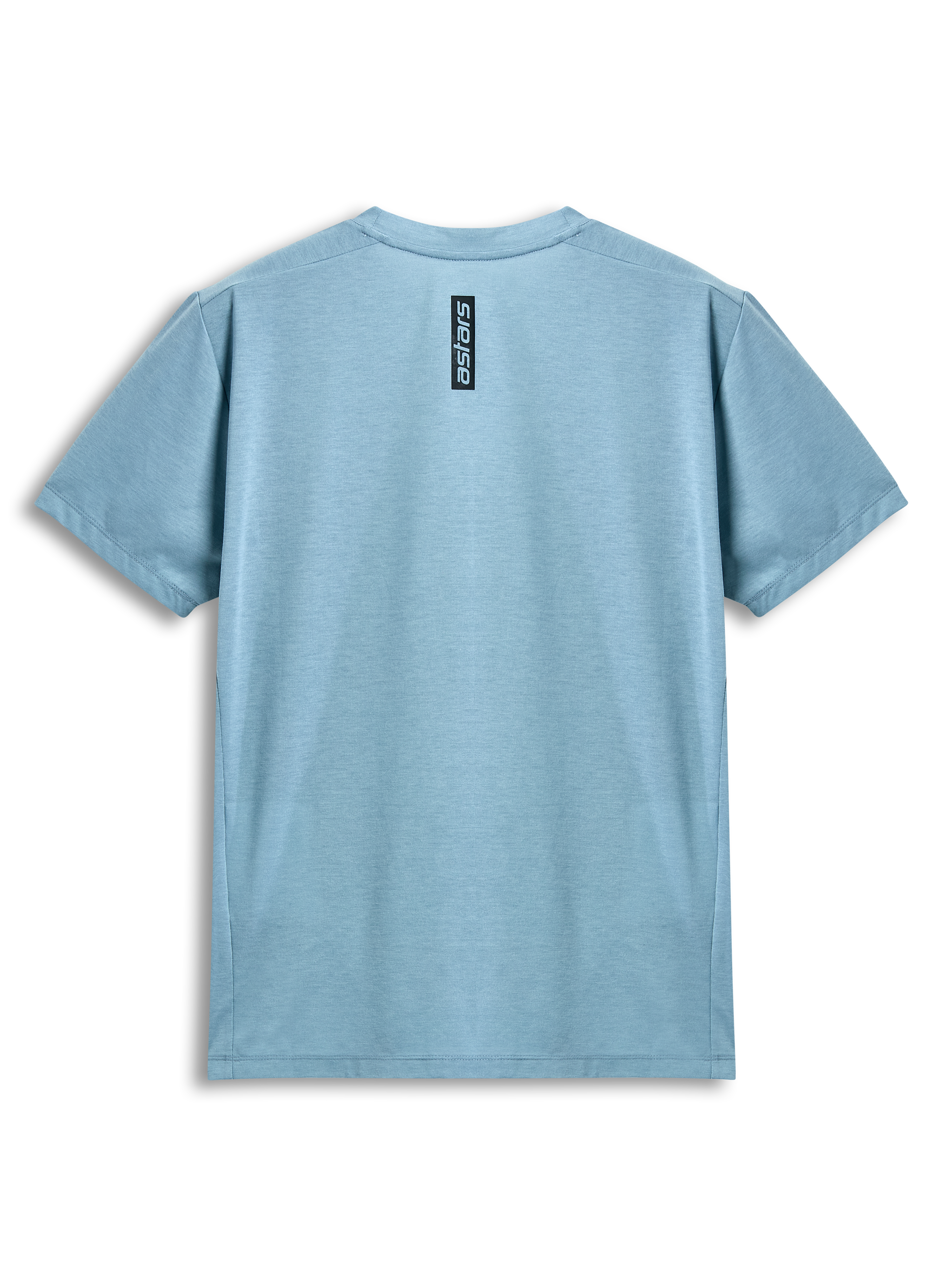 Camiseta Alpinestars Point Performance, camiseta de manga corta, azul hielo, vista trasera con estampado vertical de la palabra astars en negro, ropa deportiva casual de alto rendimiento
