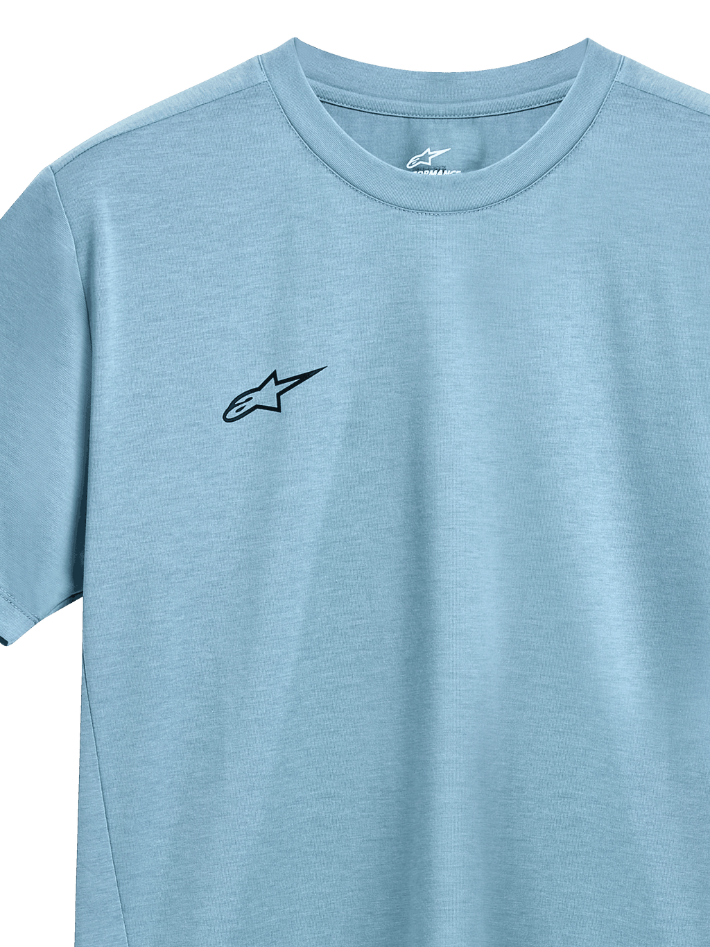 Alpinestars Point Performance Tee, camiseta de manga corta, azul hielo, pequeño logo negro de Alpinestars en el pecho, cuello redondo, tejido de rendimiento con absorción de humedad
