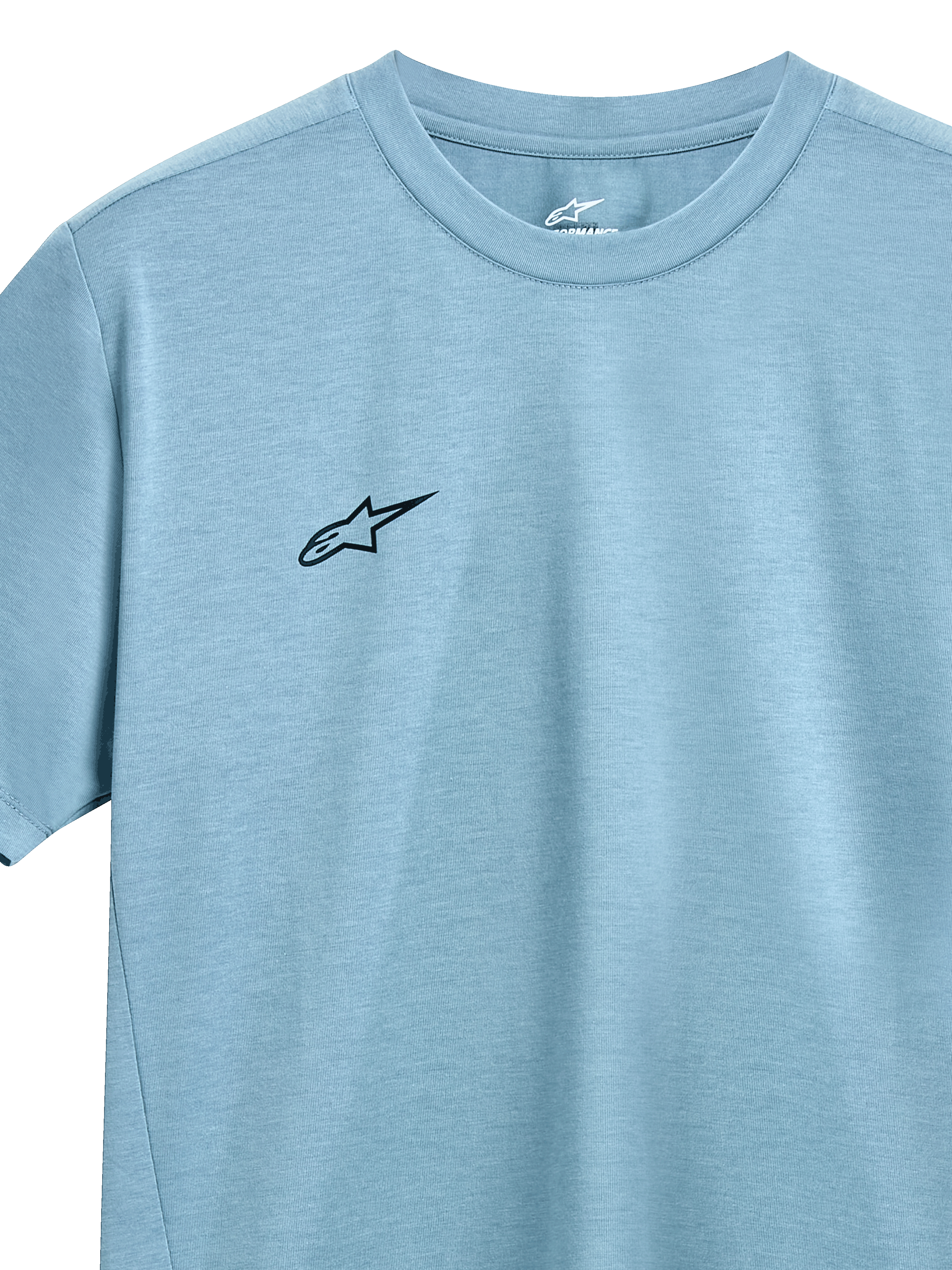 Alpinestars Point Performance Tee, camiseta de manga corta, azul hielo, pequeño logo negro de Alpinestars en el pecho, cuello redondo, tejido de rendimiento con absorción de humedad