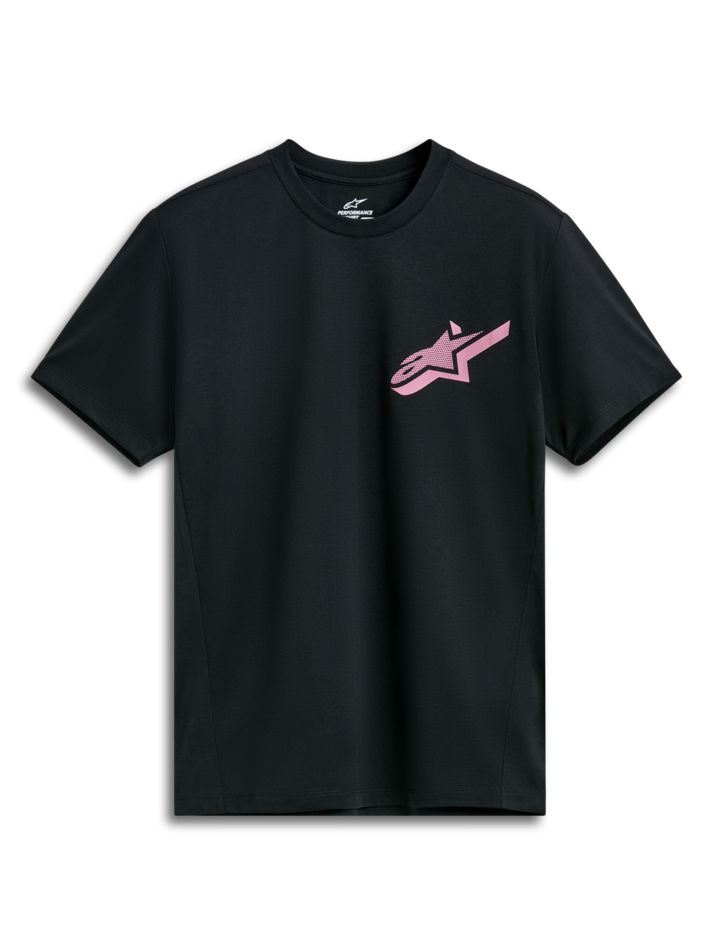 Alpinestars Attrition Performance Tee, camiseta de rendimiento de manga corta, negra con el logo de Alpinestars en rosa, cuello redondo, ropa deportiva de alto rendimiento