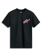 Alpinestars Attrition Performance Tee, camiseta de rendimiento de manga corta, negra con el logo de Alpinestars en rosa, cuello redondo, ropa deportiva de alto rendimiento