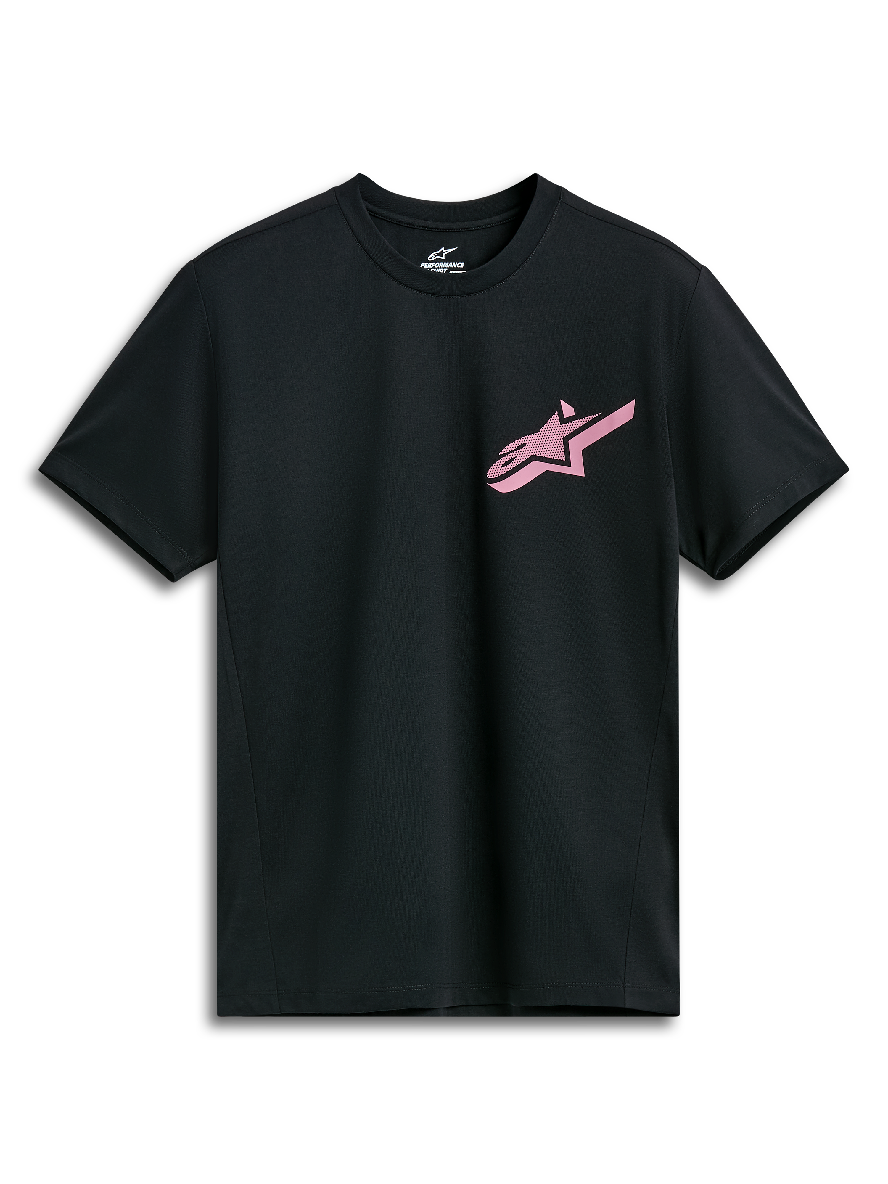 Alpinestars Attrition Performance Tee, camiseta de rendimiento de manga corta, negra con el logo de Alpinestars en rosa, cuello redondo, ropa deportiva de alto rendimiento
