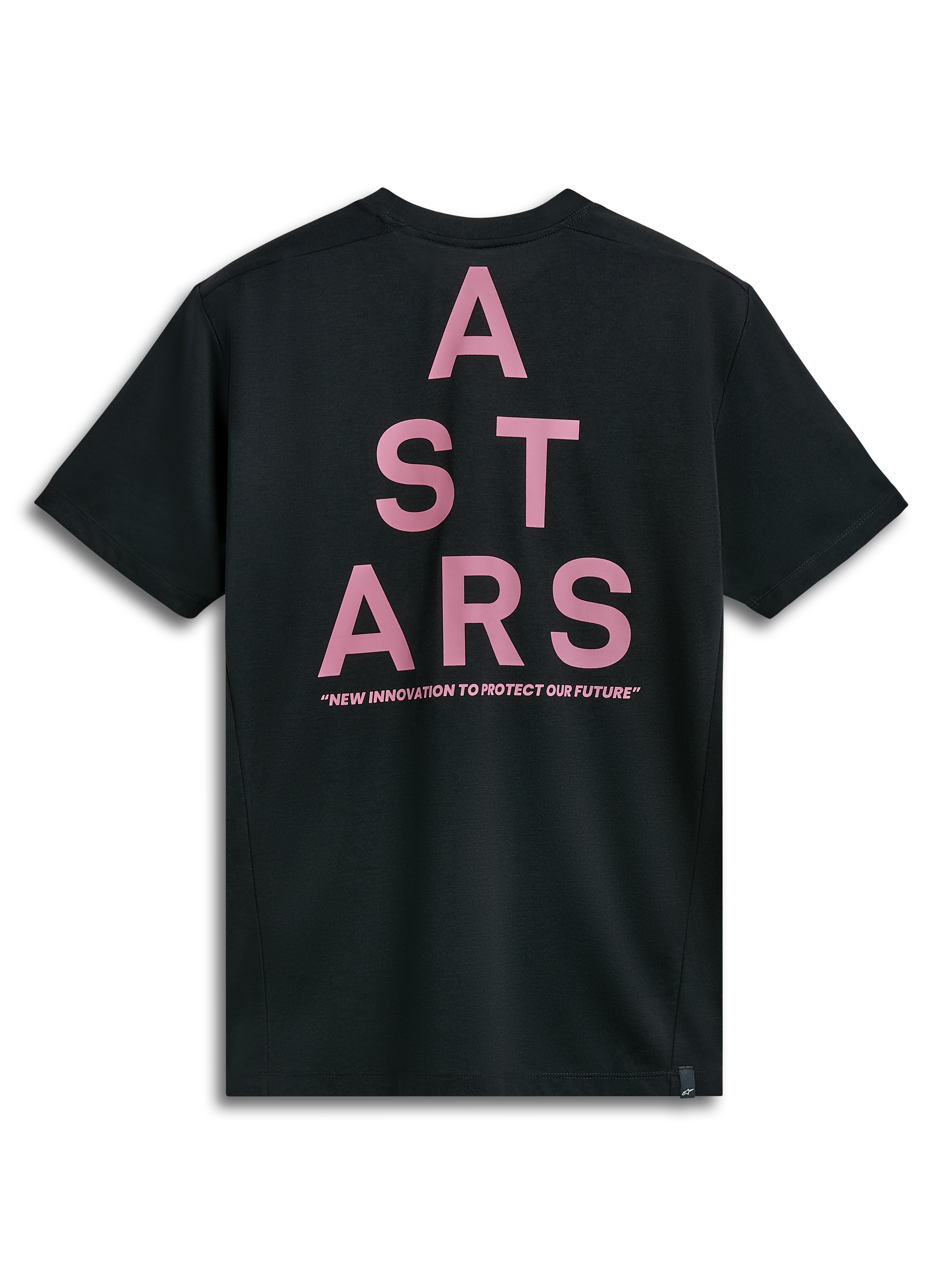 Alpinestars Attrition Performance Tee, camiseta de manga corta, negra, vista posterior con un gran gráfico de bloques ASTARS en rosa y el texto 'NEW INNOVATION TO PROTECT OUR FUTURE', ropa deportiva de rendimiento sostenible