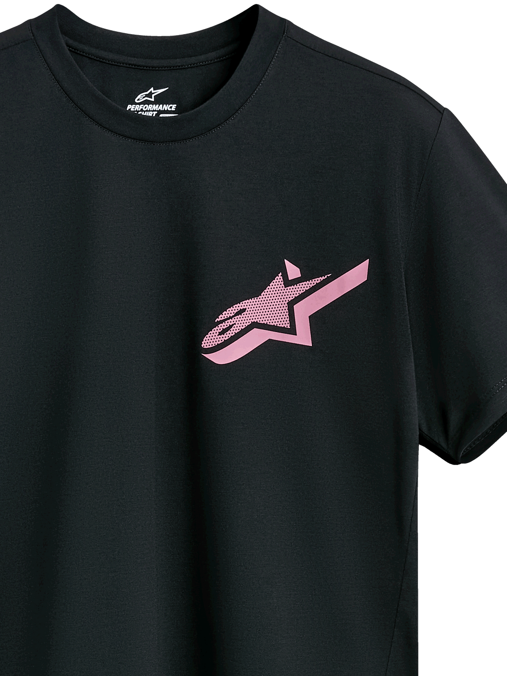Alpinestars Attrition Performance Tee, camiseta de manga corta, negra con logo Astars en rosa, cuello redondo, ropa deportiva de alto rendimiento