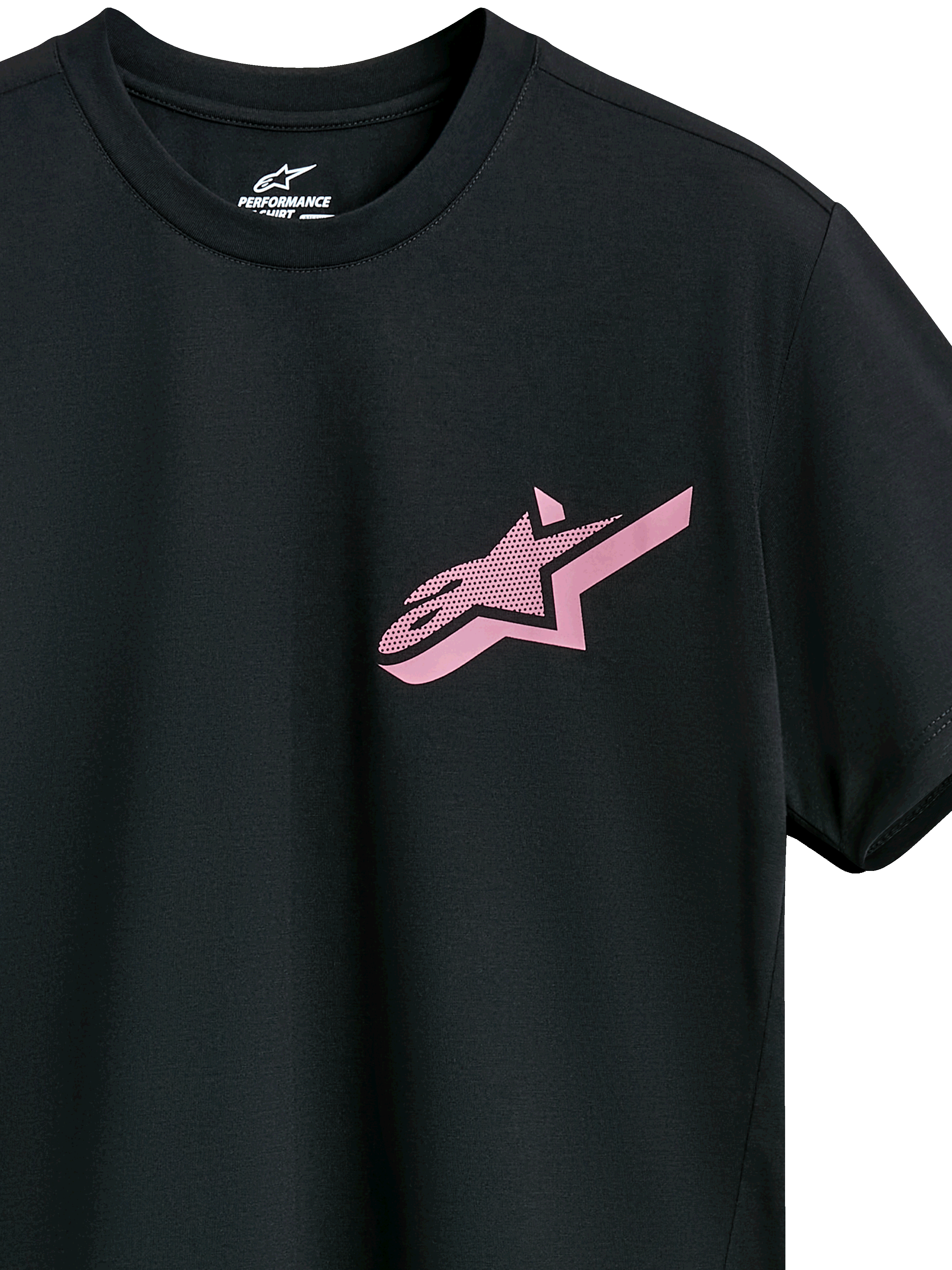 Alpinestars Attrition Performance Tee, camiseta de manga corta, negra con logo Astars en rosa, cuello redondo, ropa deportiva de alto rendimiento