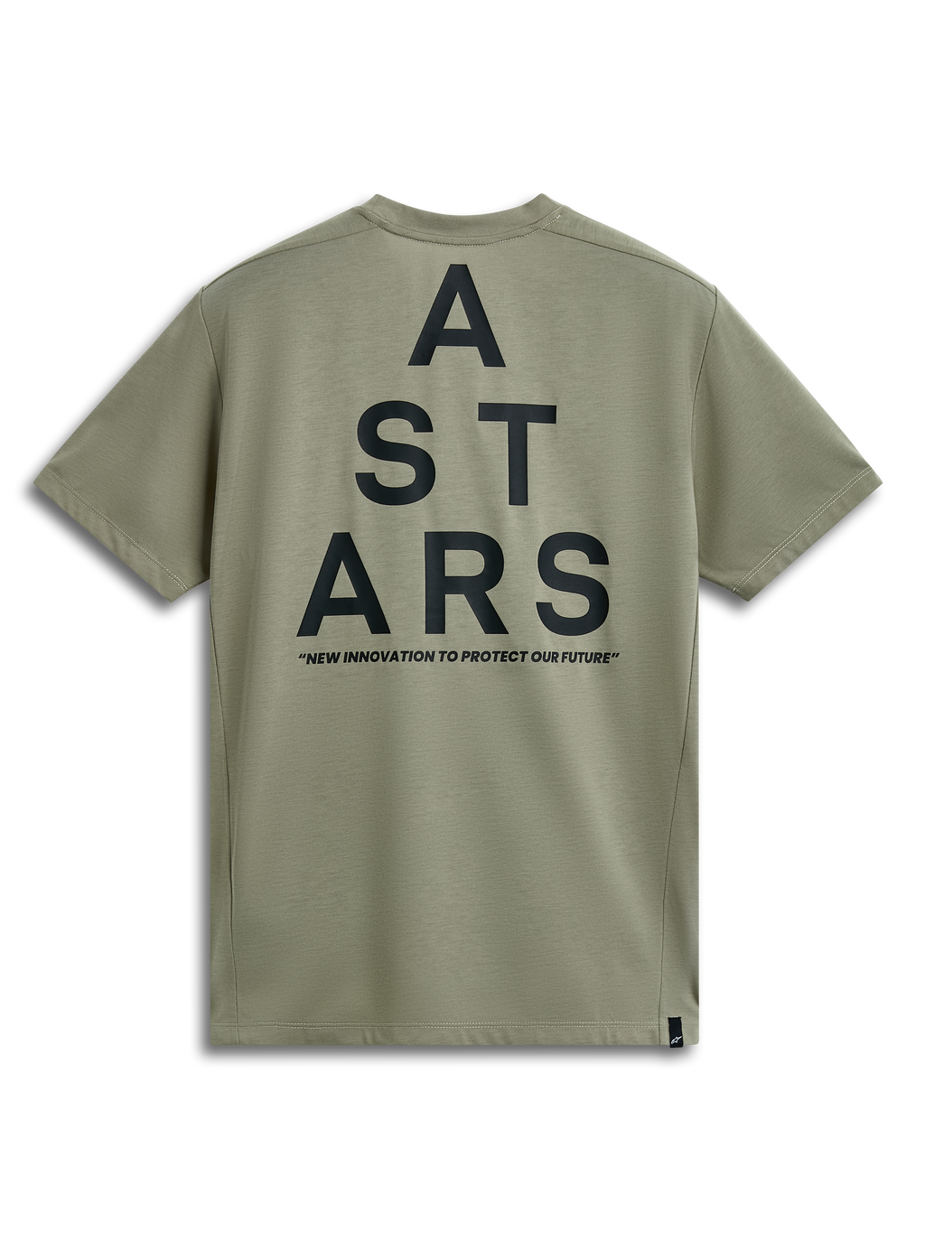 Camiseta Alpinestars Attrition Performance, camiseta de manga corta, verde claro, vista trasera con gráfico negro grande de ASTARS apilado y el lema 'NEW INNOVATION TO PROTECT OUR FUTURE', ropa deportiva de rendimiento casual