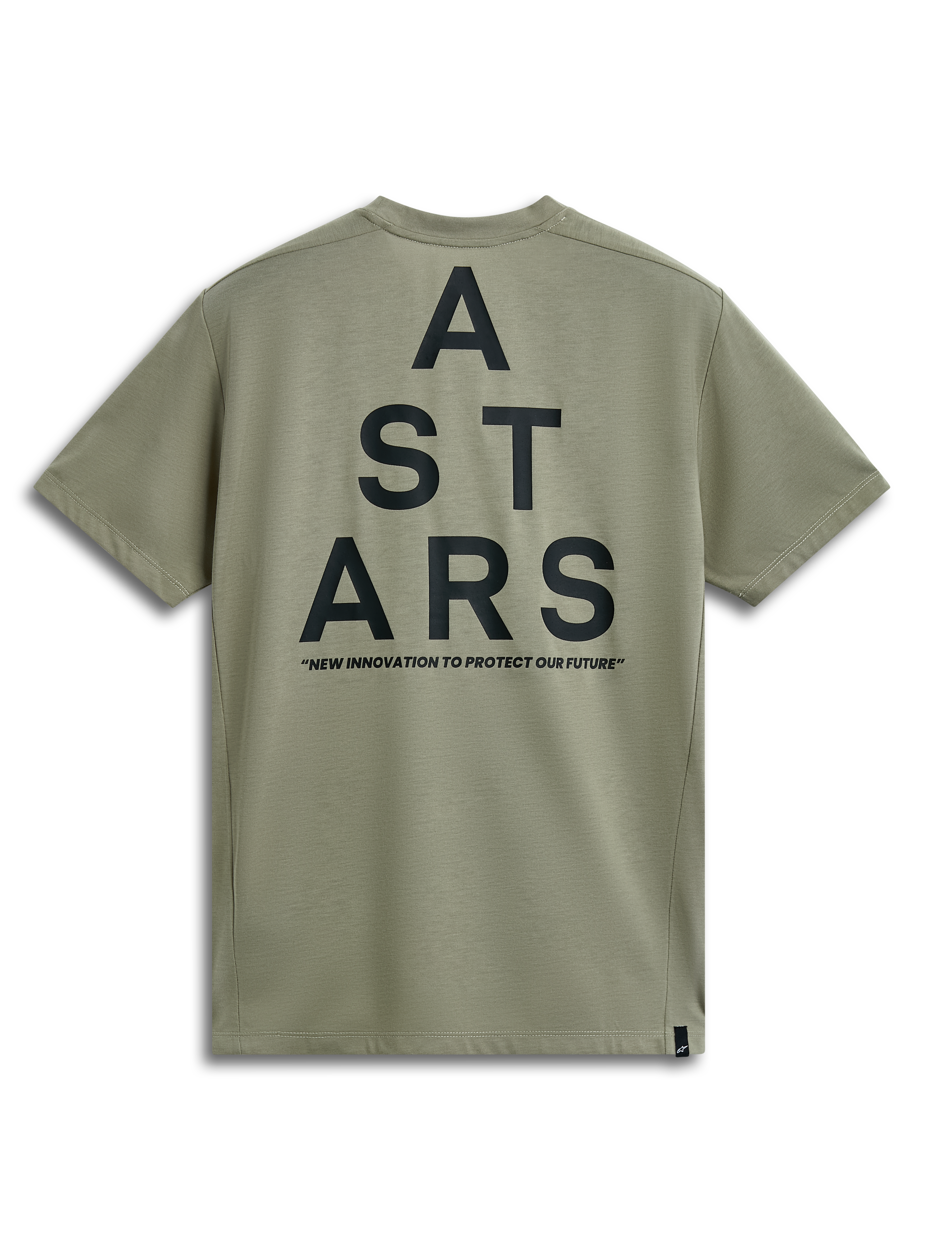 Camiseta Alpinestars Attrition Performance, camiseta de manga corta, verde claro, vista trasera con gráfico negro grande de ASTARS apilado y el lema 'NEW INNOVATION TO PROTECT OUR FUTURE', ropa deportiva de rendimiento casual