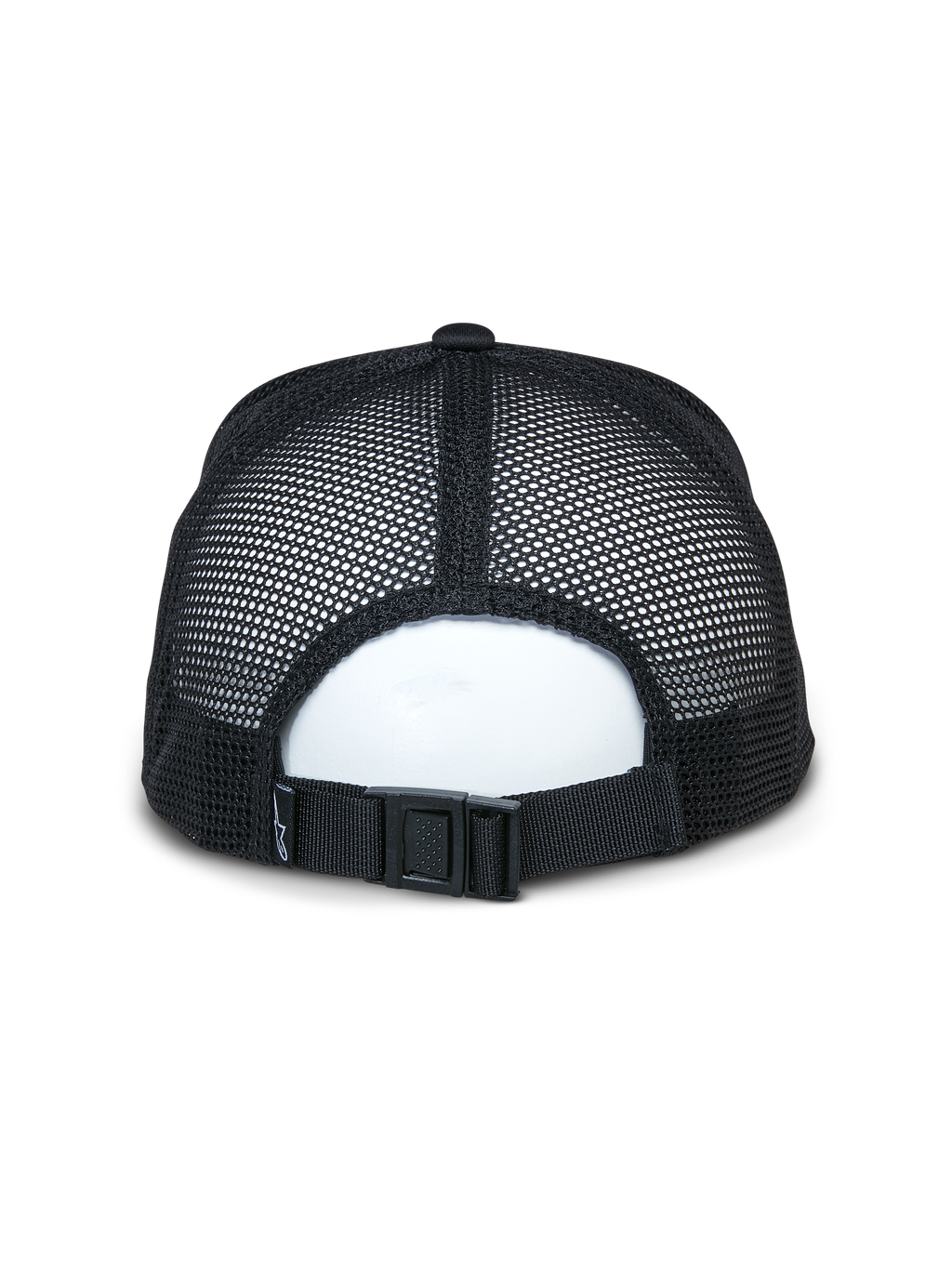 Gorra Trucker Alter de Alpinestars, negra, vista trasera que muestra paneles de malla reciclada transpirable y cierre de hebilla ajustable, accesorio deportivo casual