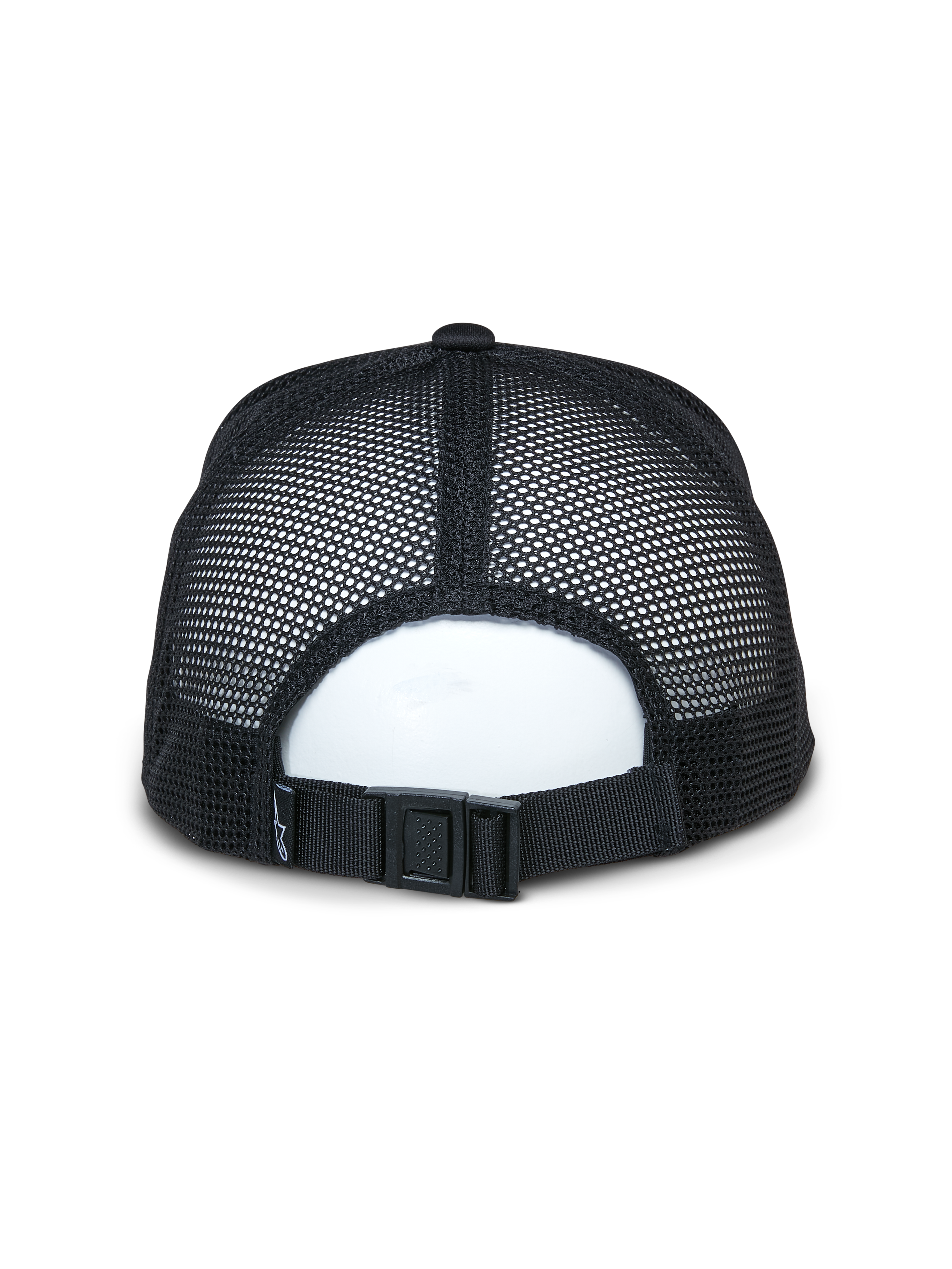 Gorra Trucker Alter de Alpinestars, negra, vista trasera que muestra paneles de malla reciclada transpirable y cierre de hebilla ajustable, accesorio deportivo casual