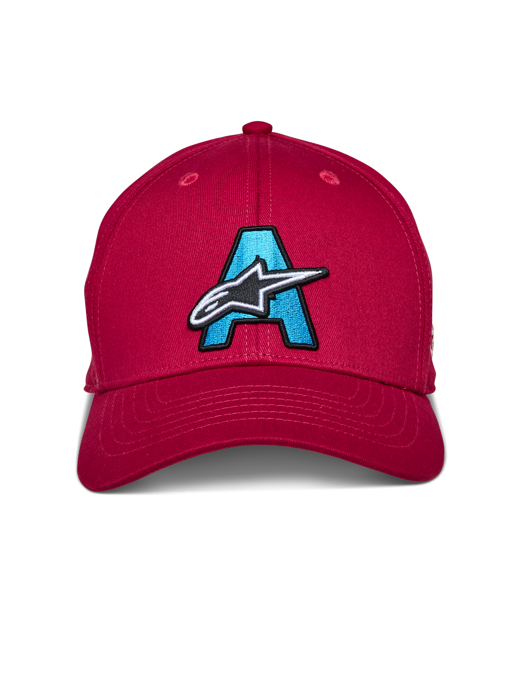 Gorra Alpinestars Elemental, Roja, gorra estructurada de visera curva con una gran 'A' bordada en azul claro y el logotipo de la estrella de Alpinestars en blanco y negro en la parte frontal, accesorio casual de motociclismo