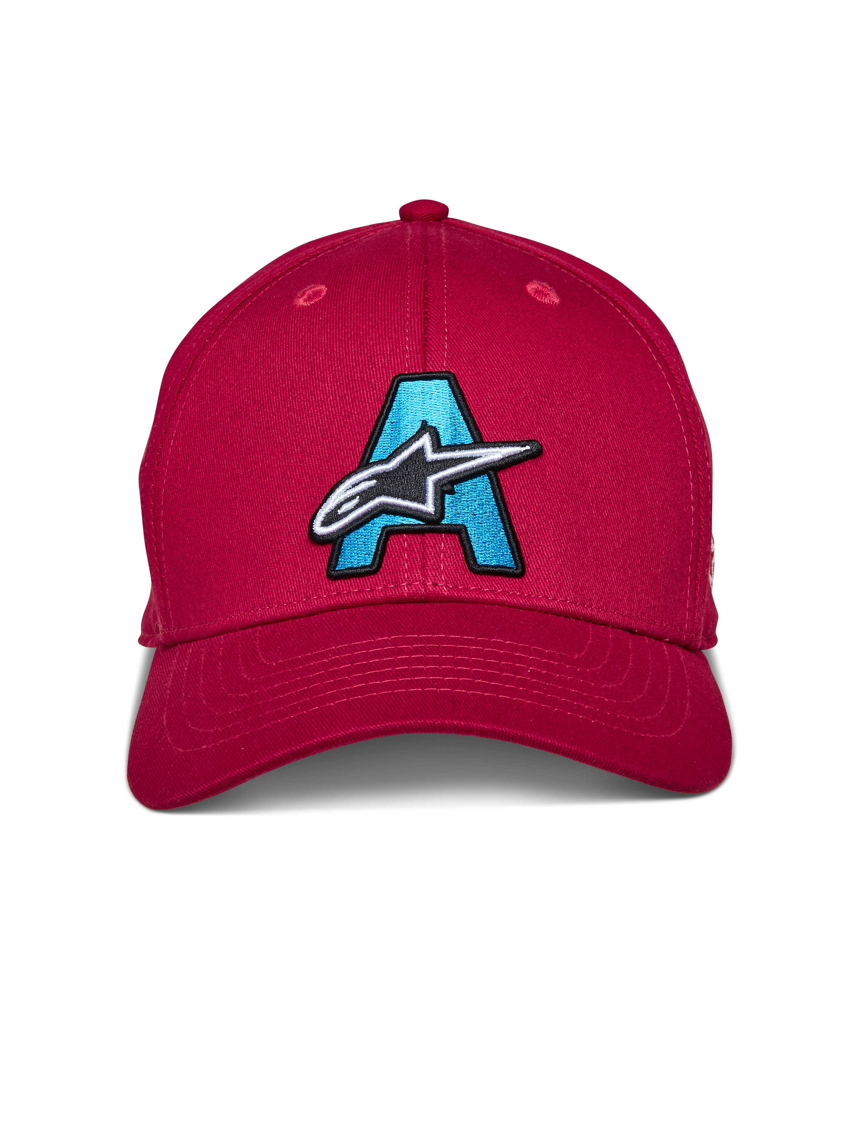 Gorra Alpinestars Elemental, Roja, gorra estructurada de visera curva con una gran 'A' bordada en azul claro y el logotipo de la estrella de Alpinestars en blanco y negro en la parte frontal, accesorio casual de motociclismo