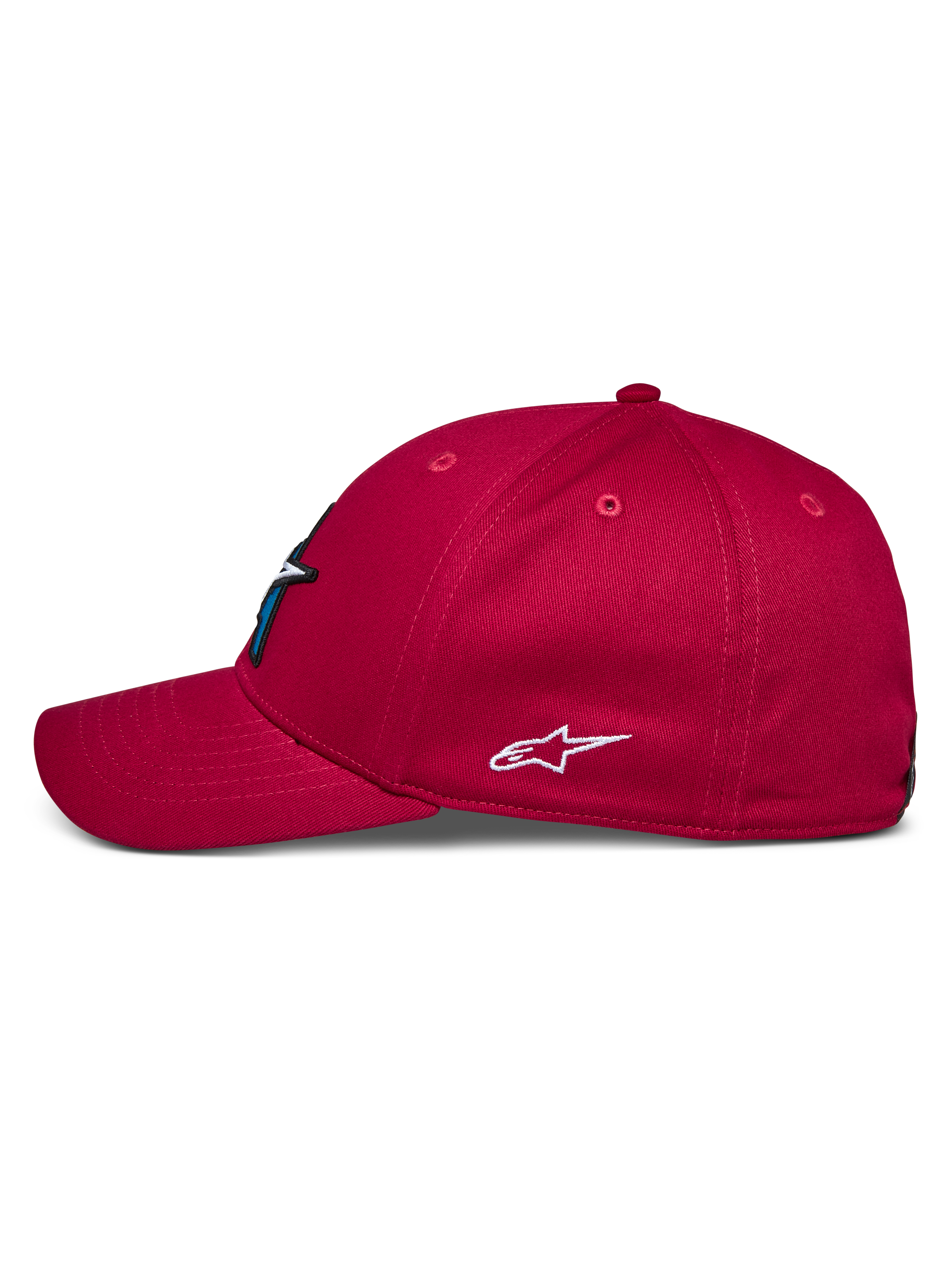 Gorra Alpinestars Elemental, roja, vista de perfil lateral, visera curva y copa estructurada, logotipo de Alpinestars bordado en blanco en el lateral, accesorio casual de inspiración motorsport