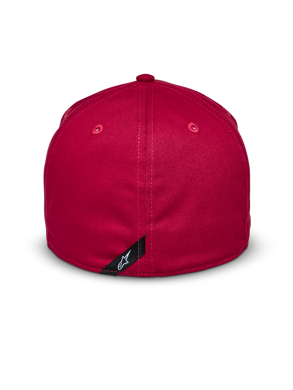 Gorra Elemental de Alpinestars, roja, vista trasera, diseño de ajuste flexible con copa estructurada, tejido de sarga elástica, con una pequeña etiqueta negra con el logotipo blanco de Alpinestars, accesorio casual inspirado en el automovilismo